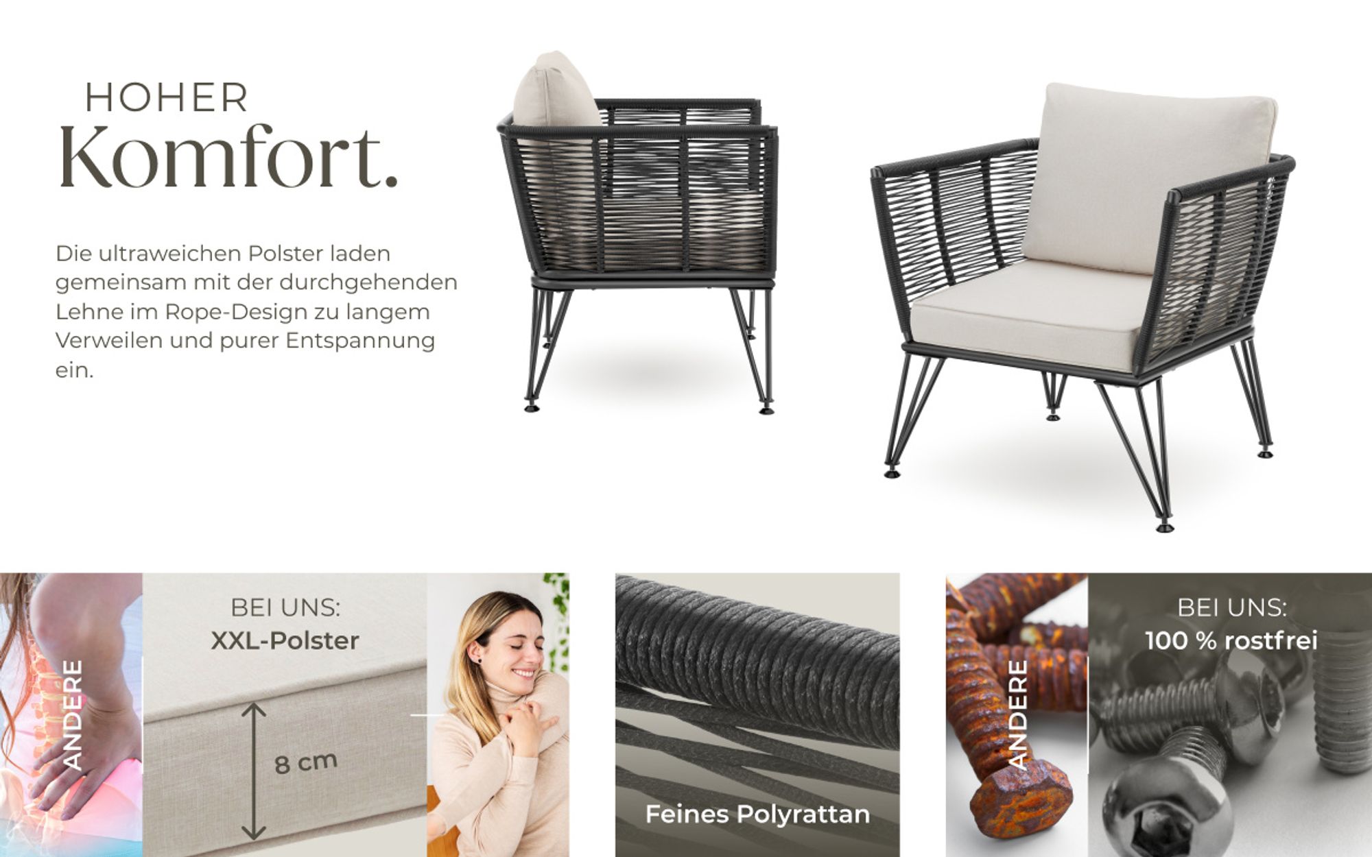 tectake® Garten-Loungesessel Sundo im Rope-Design
