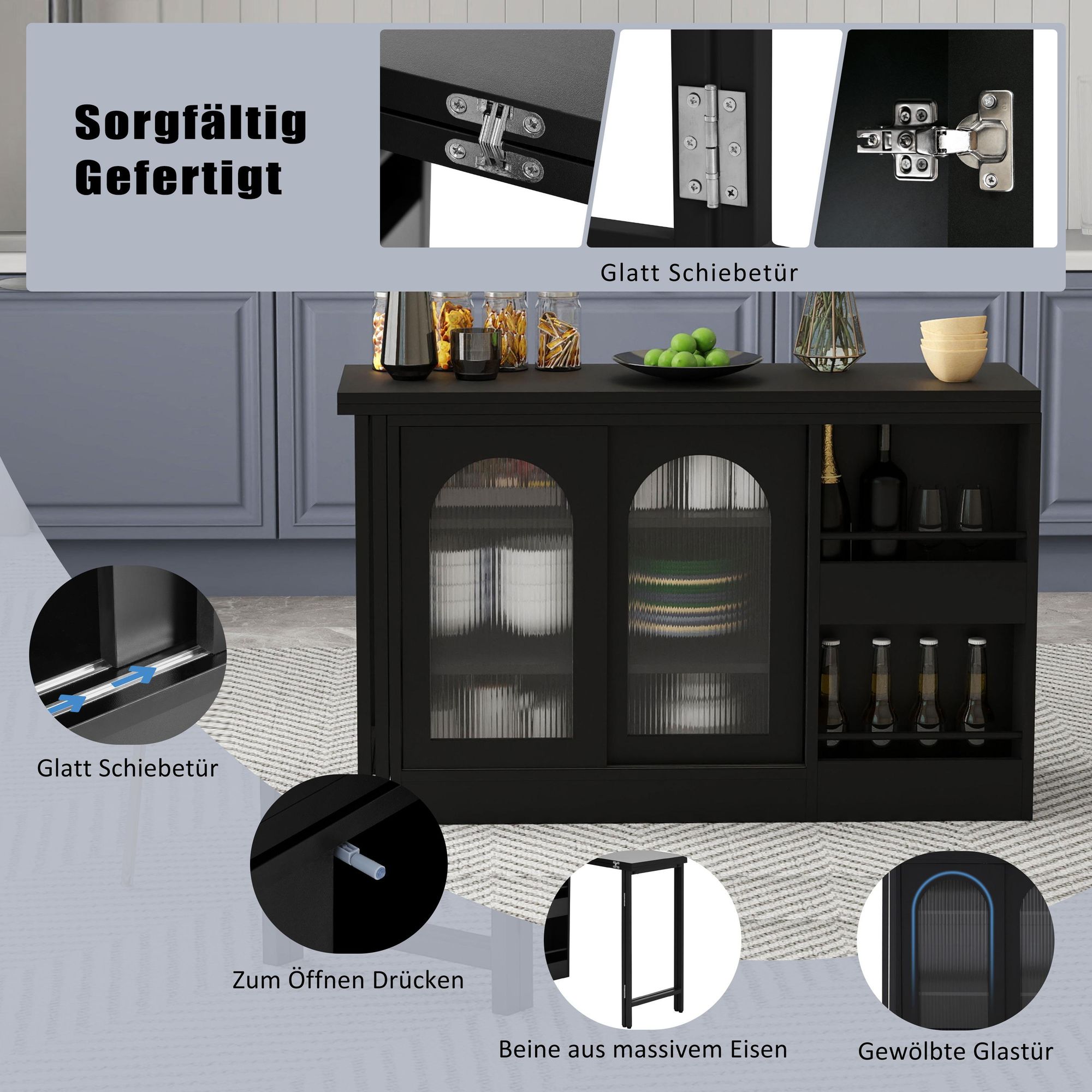 Flieks Esstisch ausziehbar, 360° drehbare Bartisch mit Stauraum, Küchentisch Kaffeebar mit Schrank, reversibel Tisch Sideboard, Schwarz