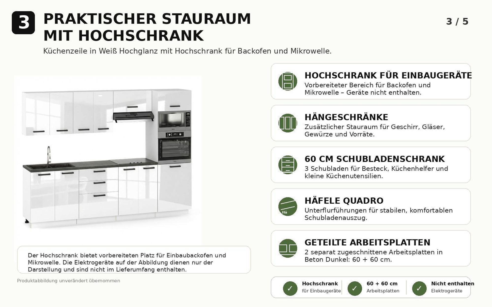 Aufteilung der Küchenzeile mit Hochschrank, Modulen und zwei Arbeitsplatten à 60 cm.