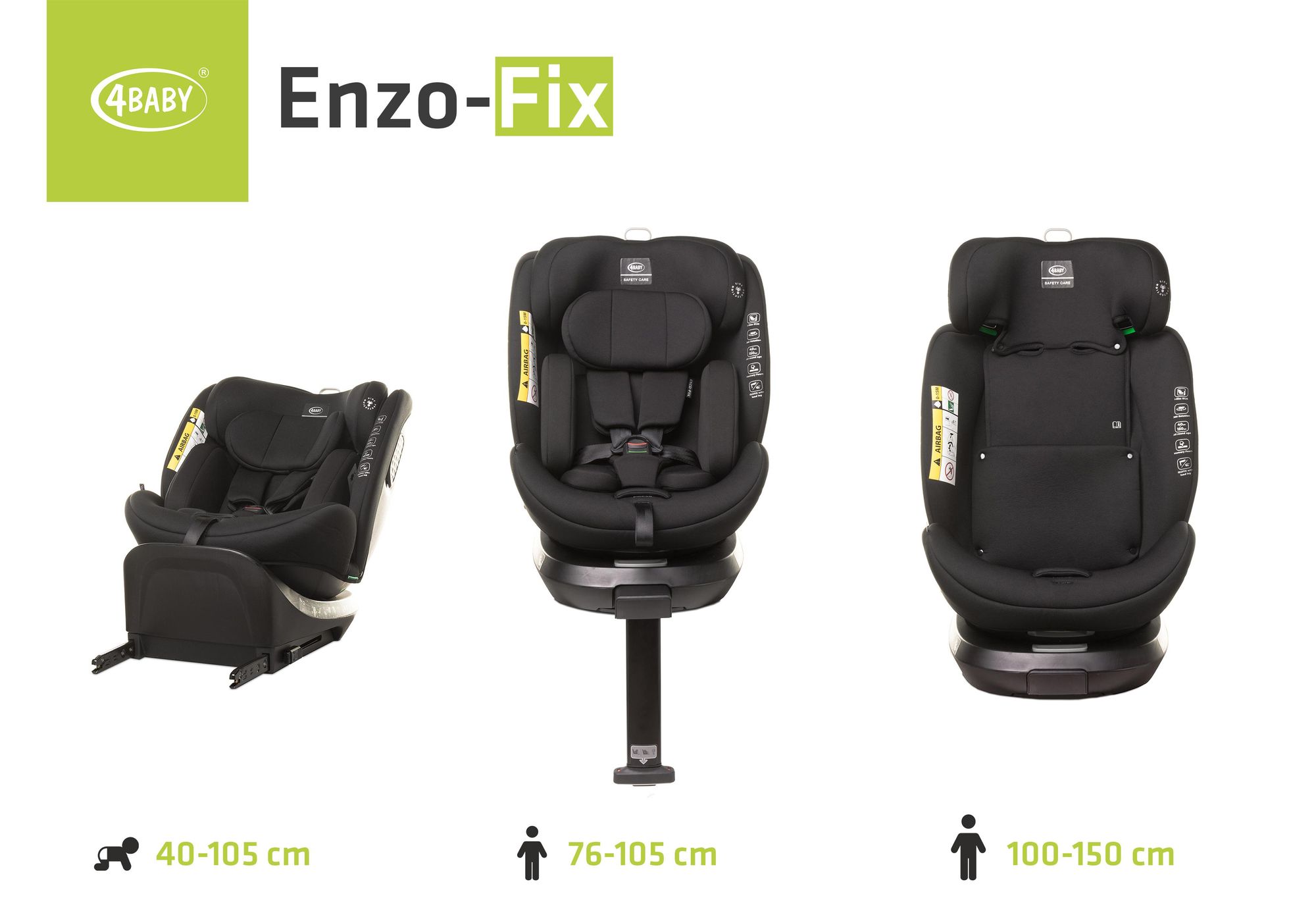 4Baby | Kindersitz - 360° Drehbar - mit ISOFIX, I-SIZE, 40-150 cm, zusätzlicher Seitenschutz, vorwärts- und rückwärtsgerichtet - Schwarz - ENZO-FIX