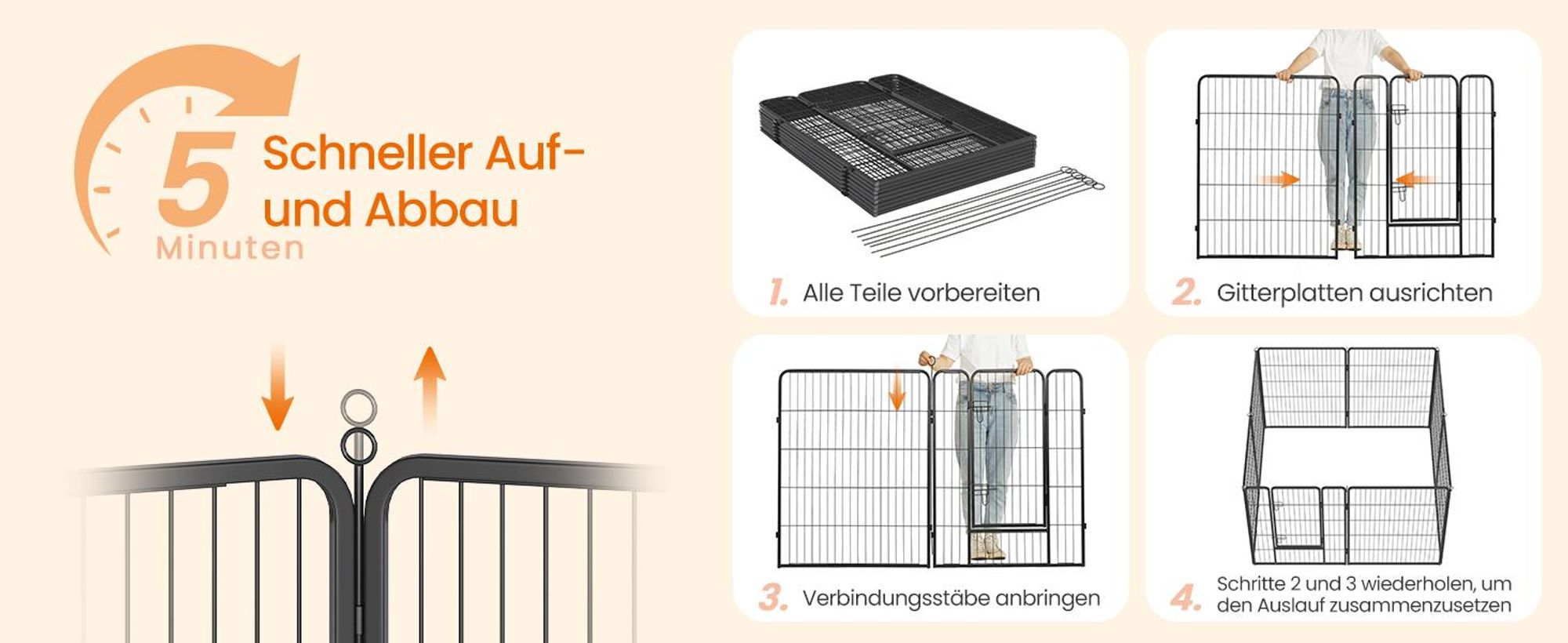 FEANDREA Welpenauslauf, 8 Platten DIY, Doppel-L-Schloss, 77x100cm schwarz PPK81H