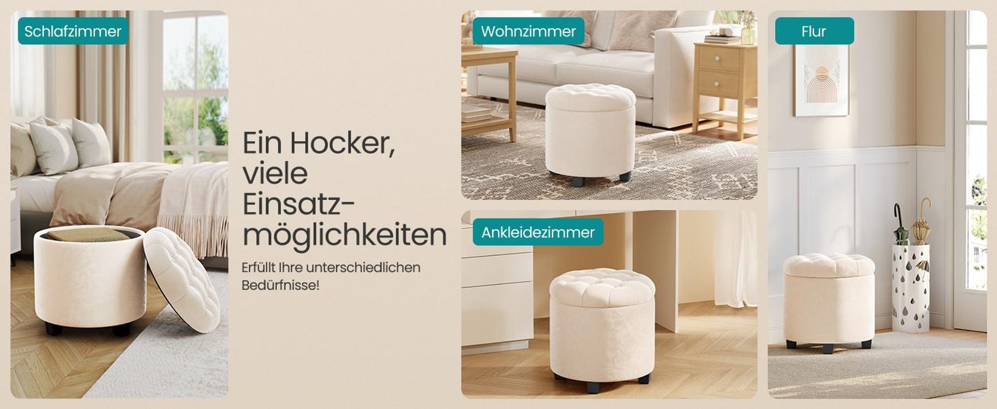 SONGMICS Sitzhocker rund, Fußhocker mit Stauraum, Schminkhocker mit Beinen, 45 cm d, 44,5 cm H, bis 150 kg belastbar