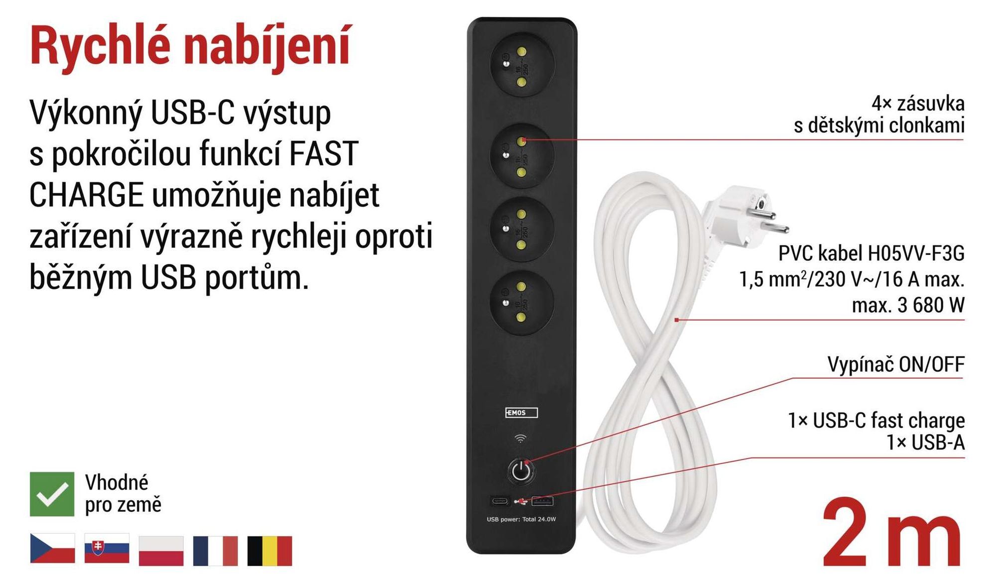 EMOS GoSmart prodlužovačka s WiFi a aplikací, 2m 4-zásuvková lišta se 2 porty USB (USB-C, USB-A), vypínačem, wattmetrem a časovačem, P1412SM