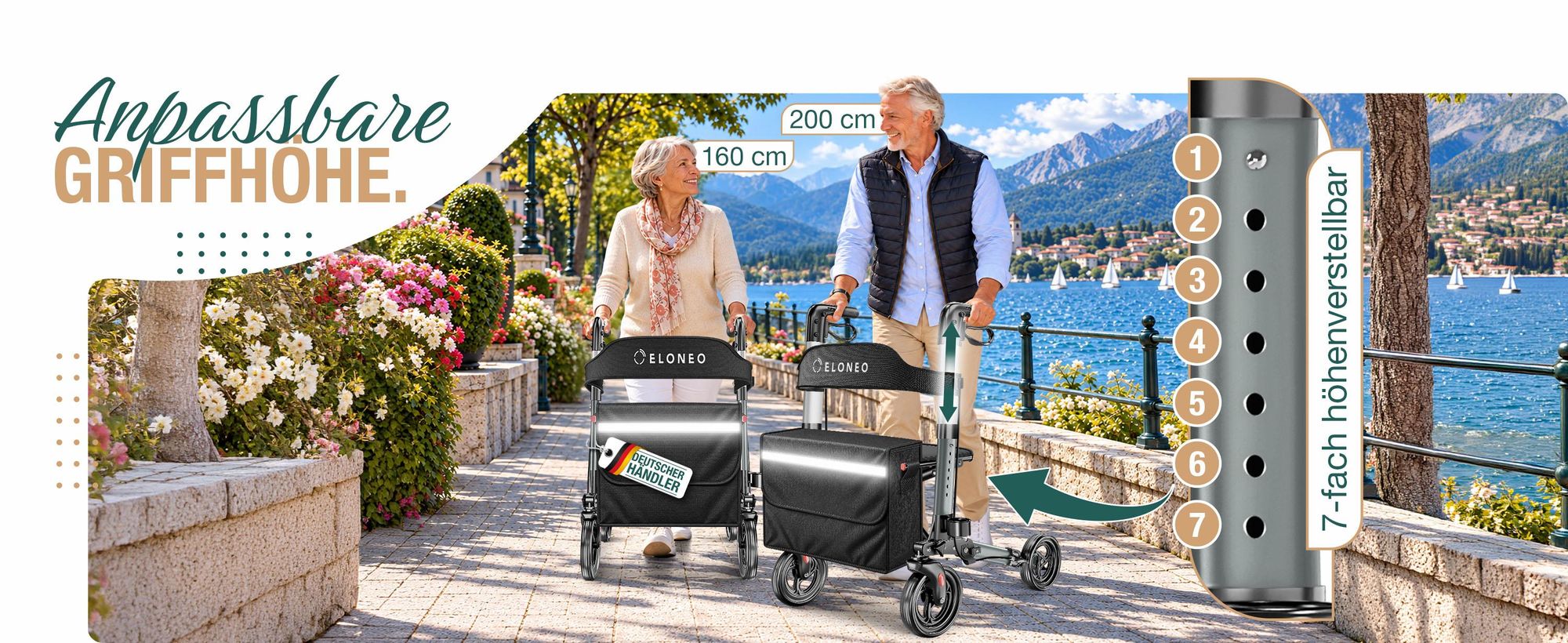 ELONEO Rollator faltbar und leicht mit Sitz, Leichtgewicht-Reiserollator aus Aluminium, Gehhilfe 8-fach höhenverstellbar, Laufhilfe 3-fach faltbar