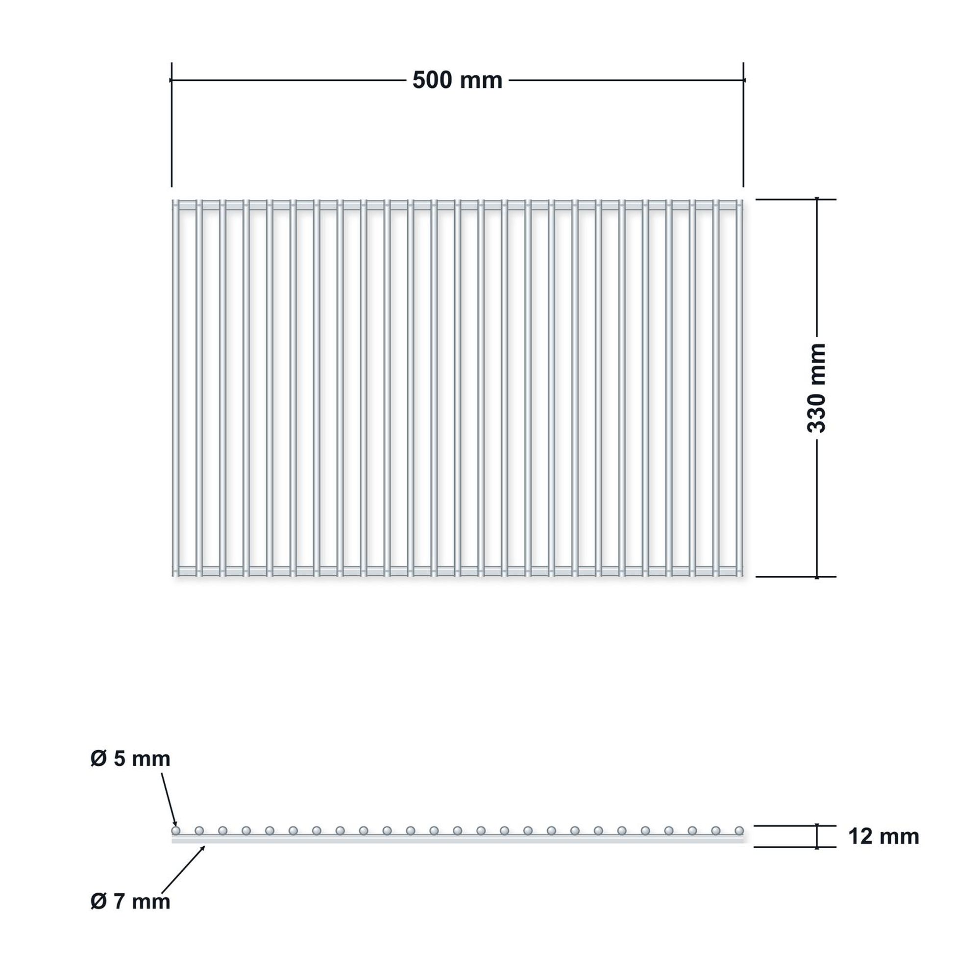 DEOS Universeller rahmenloser Grillrost aus Edelstahl 50 × 33 cm – technische Zeichnung