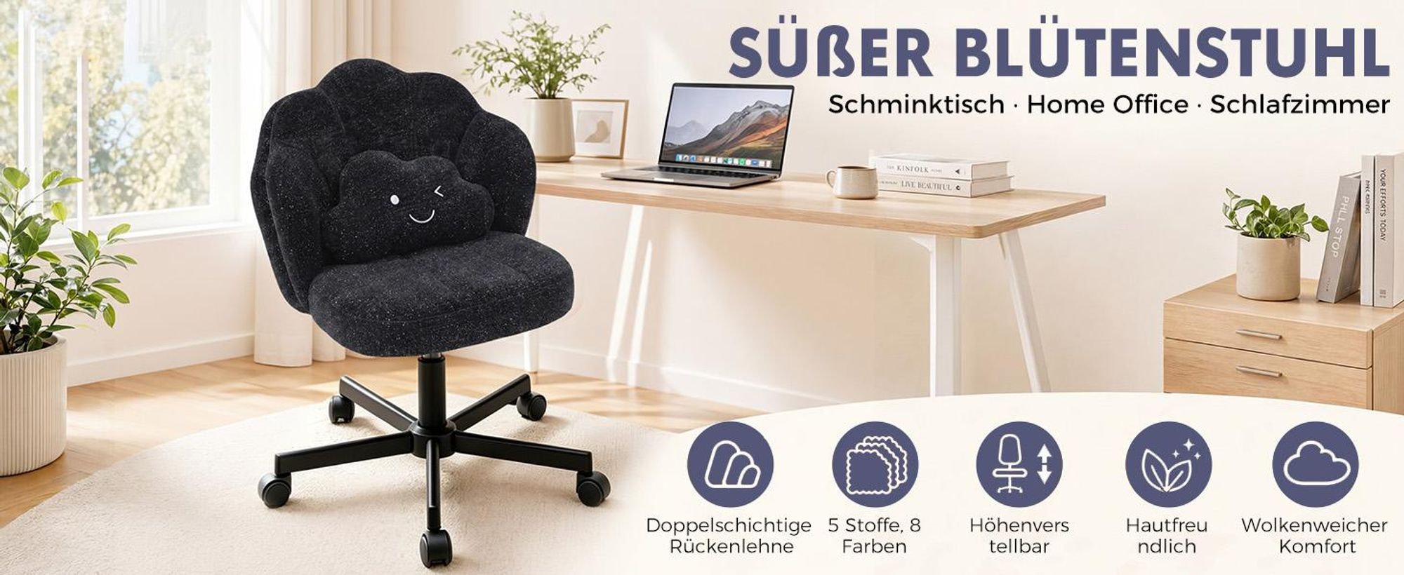 COMHOMA Schreibtischstuhl Bürostuhl, Schminkstuhl mit Rollen Rückenlehne und Wolkenkissen, Höhenverstellbarer Drehstuhl, Schimmernde Chenille, Schwarz