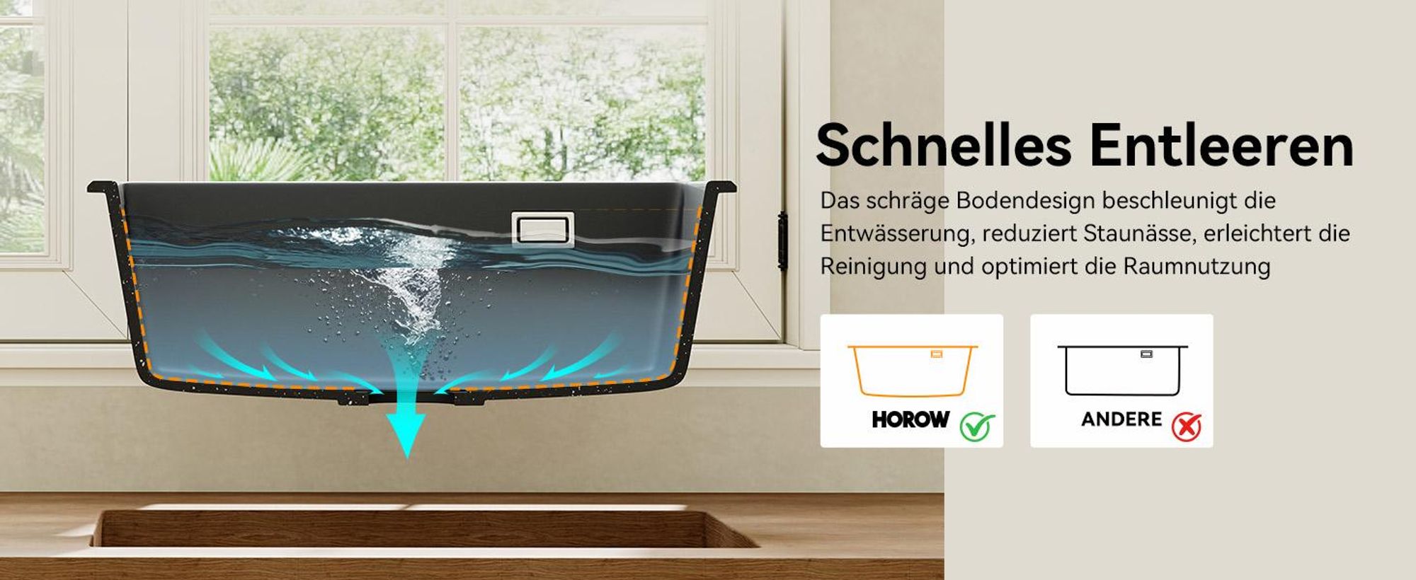HOROW 60x45 cm Granit Spülbecken Küchenspüle Einbauspüle 1 Becken inkl Siphon, schwarze spüle mit Hahnloch Siphon Ab- und Überlaufgarnitur