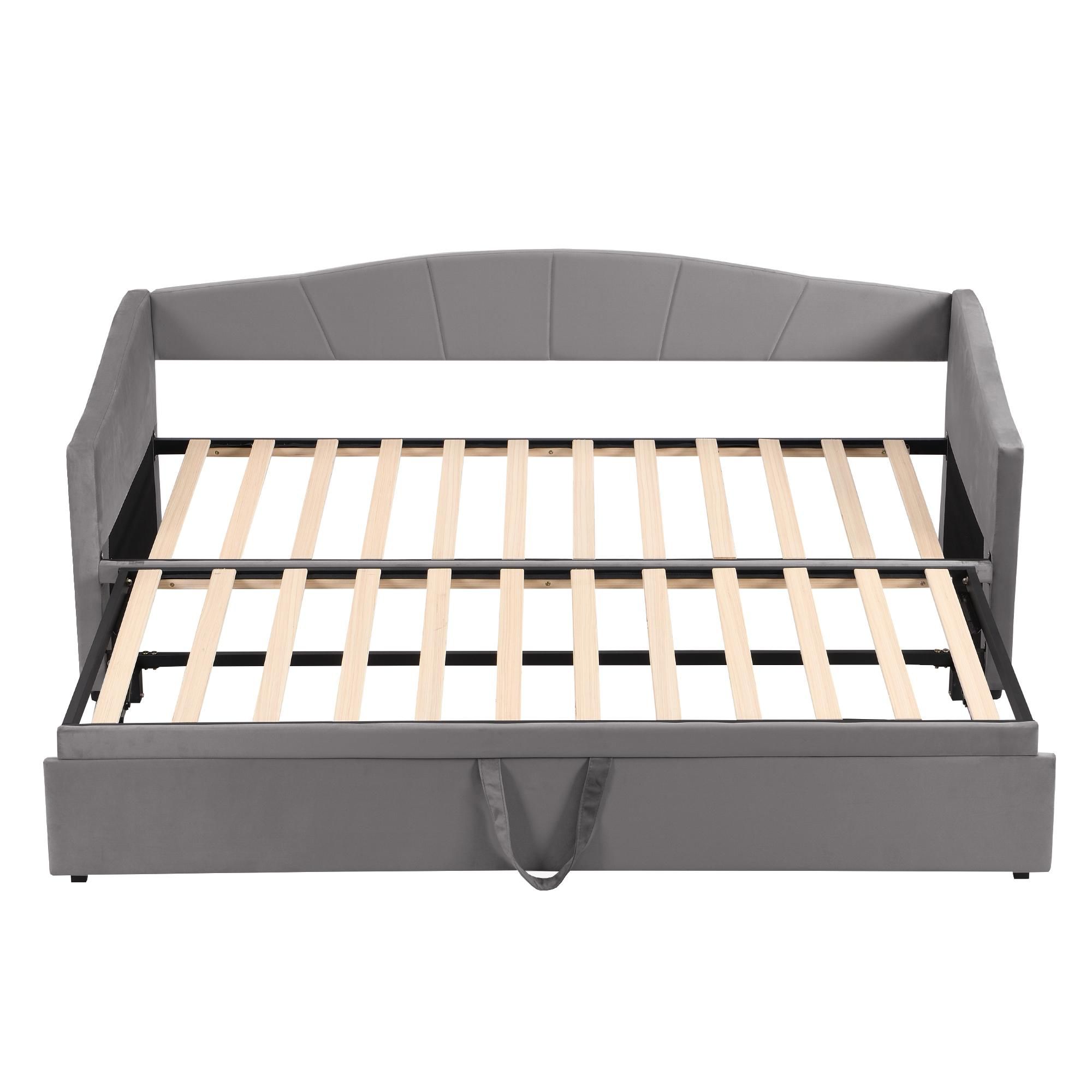 Merax Tagesbett 90x200cm/180x200cm Ausziehbett, Erweiterbares Schlafsofa mit Lattenrost und Armlehnen, Samt Polsterbett Kinderbett Sofabett, Grau
