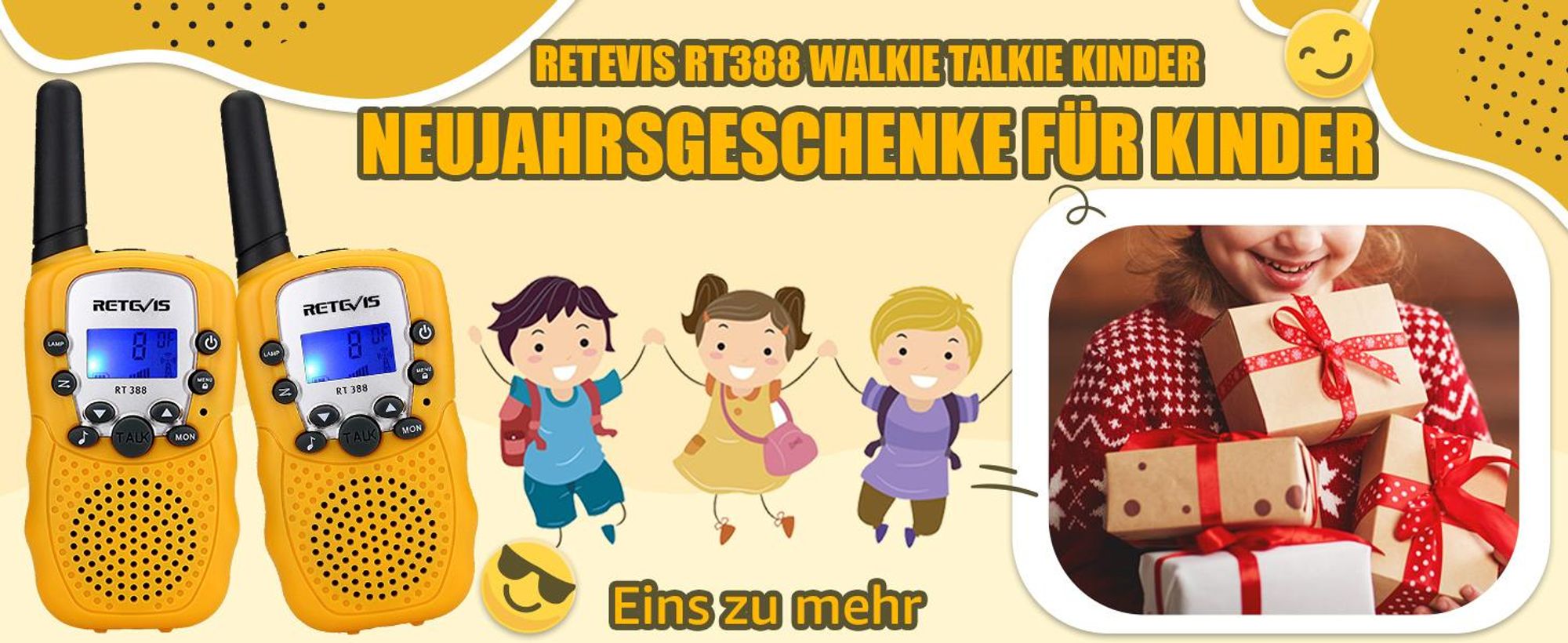 Retevis RT388 Walkie Talkie Kinder, Geschenke für Kinder ab 4-12 jahre,Spielzeug mit Taschenlampe VOX, DCS/CTCSS, für Camping Familienspiel