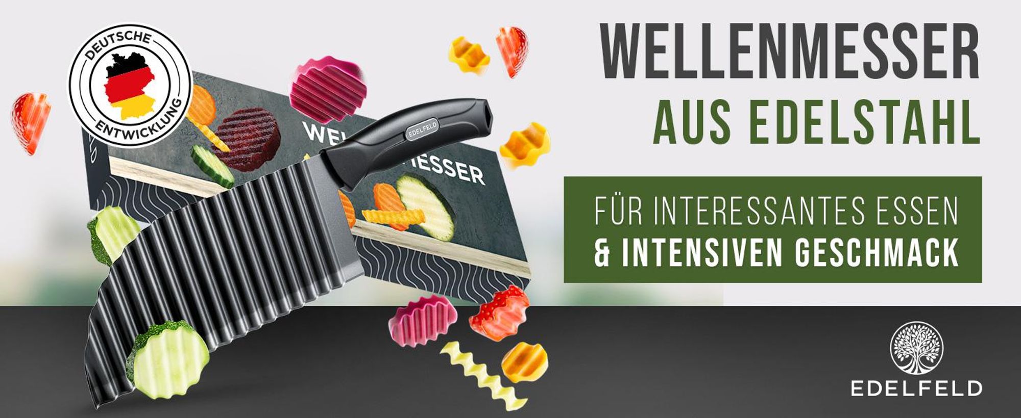 Edelfeld Wellenschneider - Pommes, Obst & Gemüse – Spülmaschinengeeignes BLW Wellenmesser mit Titanklinge – Professionelles Riffelmesser aus Edelstahl