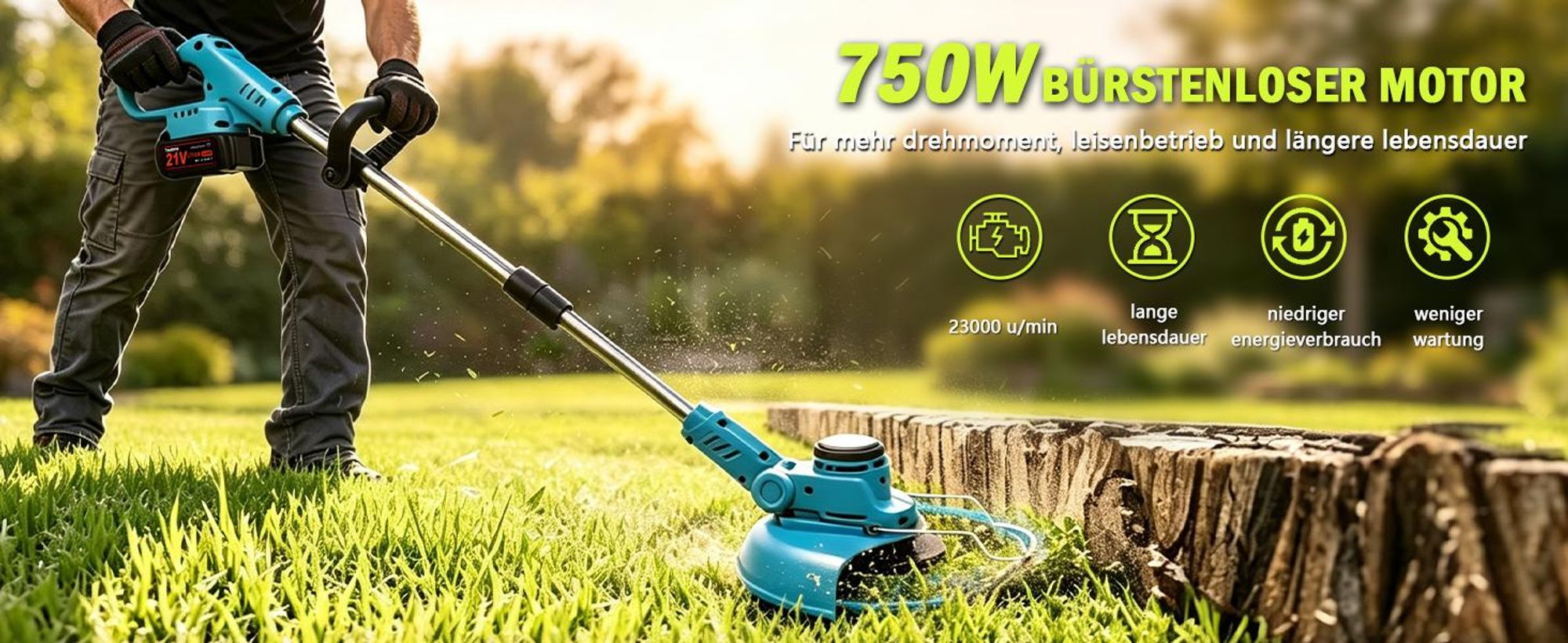 Akku Rasentrimmer 750W mit 2× 4000mAh Akkus 21V, 4 in 1 Bürstenloser Motor Rasentrimmer mit Unkrautbürste, Freischneider mit Messer und Ladegerät