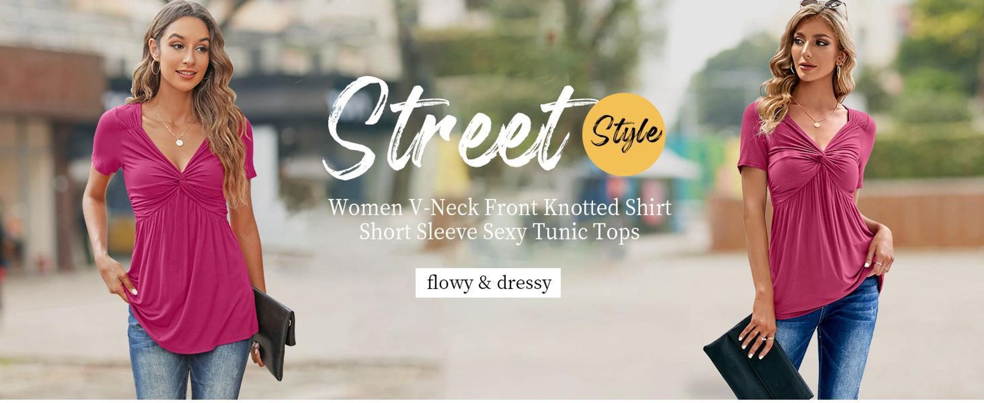 Damen-T-Shirt mit V-Ausschnitt, lockere Passform, vorne geknotet.