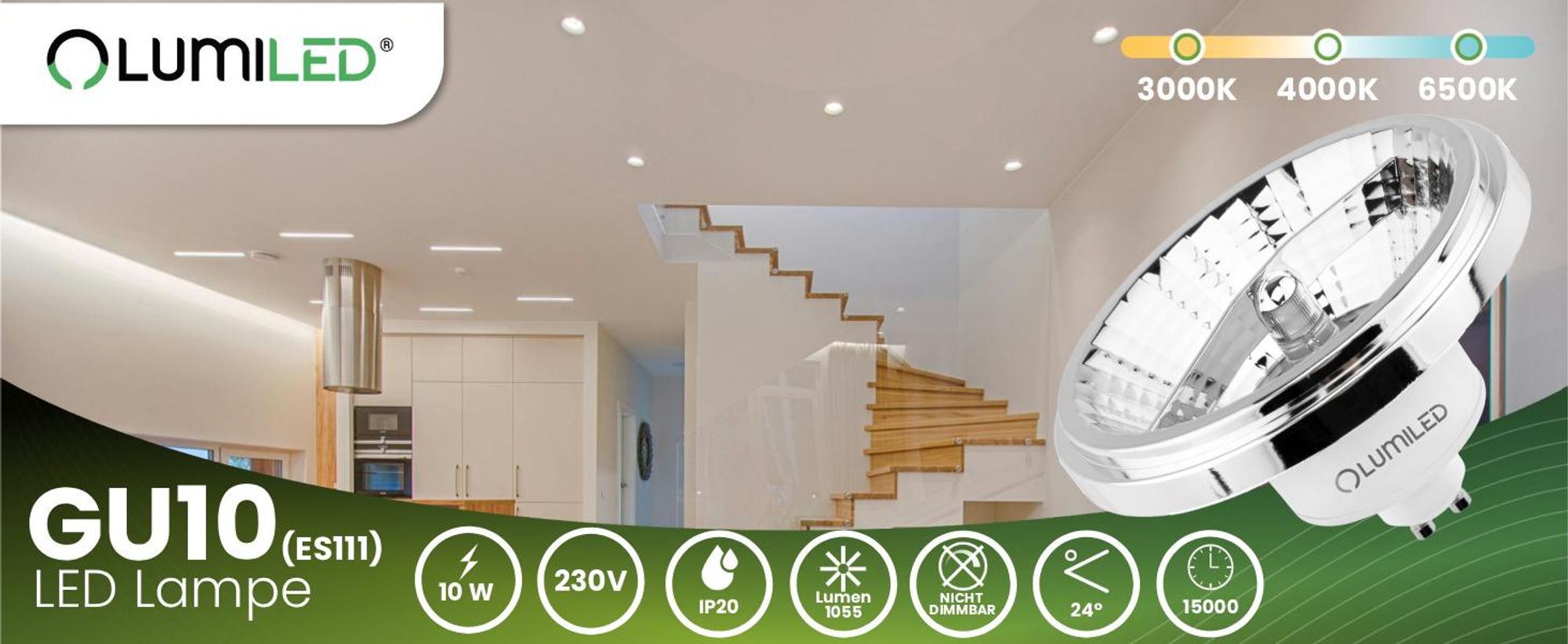 LUMILED LED-Leuchtmittel ES111 GU10 Fassung 230V 10W (Entspricht Halogen 75 Watt) Warmweiß 3000K 24° Abstrahlwinkel Silber 1055 Lm Ra>90 Aluminium PC
