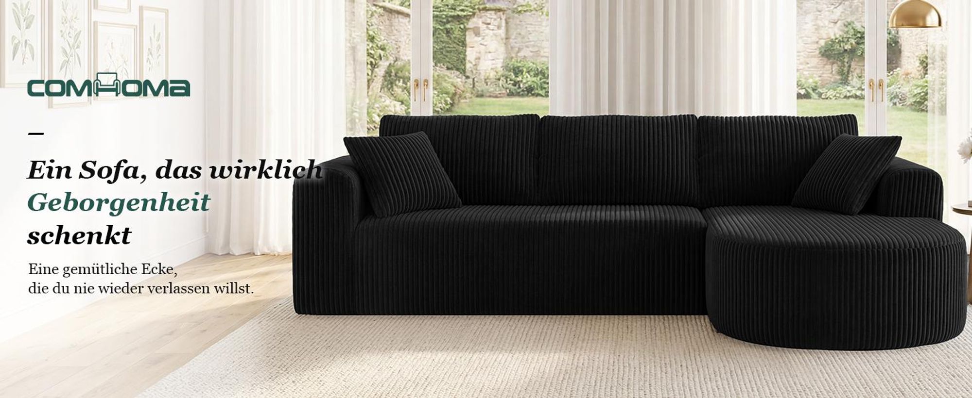 COMHOMA Ecksofa mit Schlaffunktion, 263cm Corduroy Modulares Boneless Couch mit Chaiselongue, L-Form Schlafsofa, Sektionssofas mit Kissen & Seitentasc