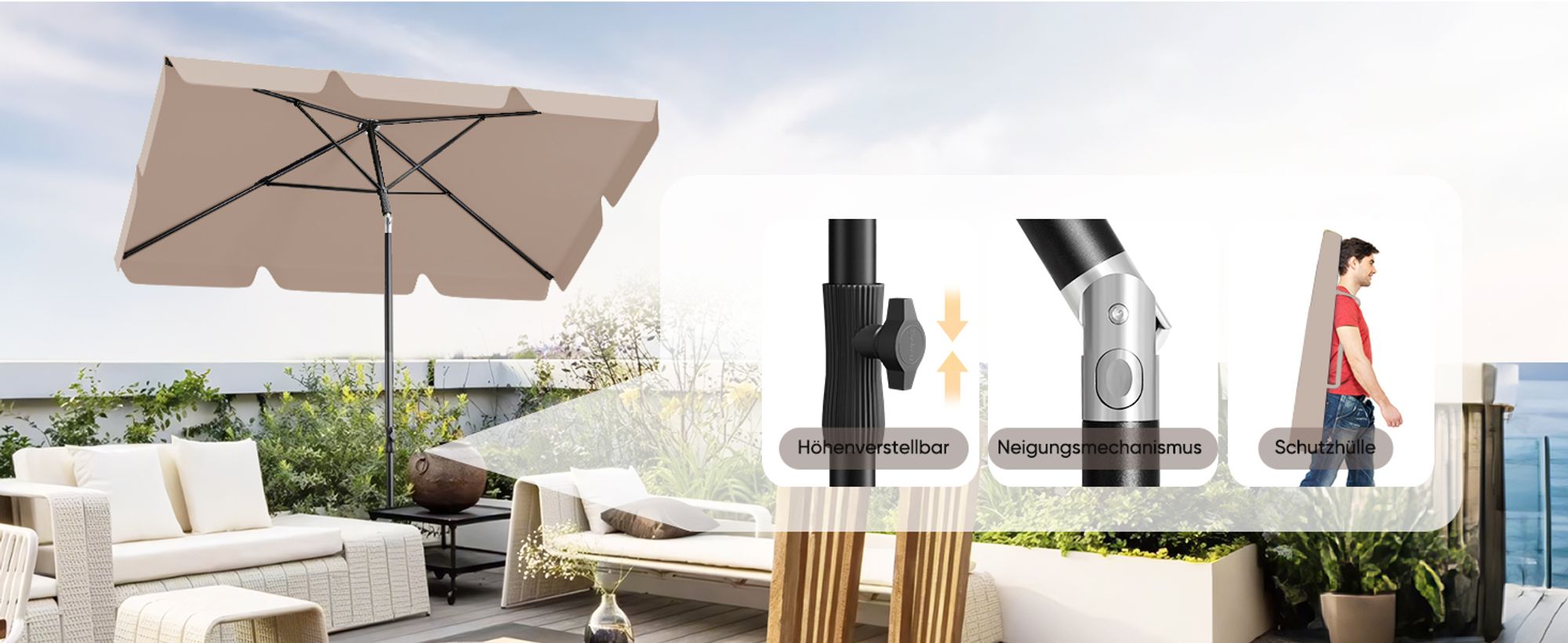 Sekey Sonnenschirm Balkon Rechteckig 200×125 cm Balkonschirm mit Tragetasche Neigungswinkel & Höhe verstellbar Sonnenschutz UPF 50+, Taupe