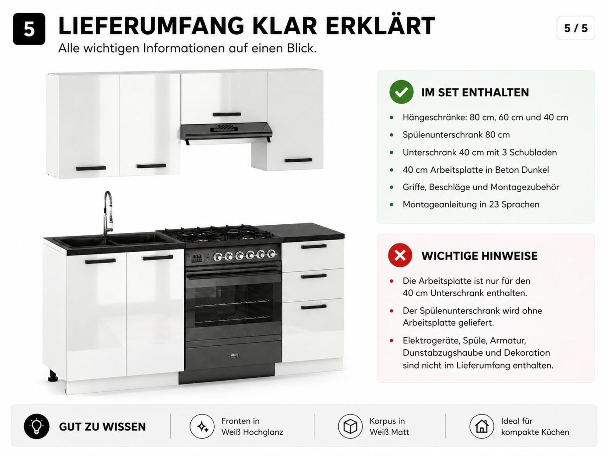 Lieferumfang der 180 cm Küchenzeile in Weiß Hochglanz mit wichtigen Hinweisen.