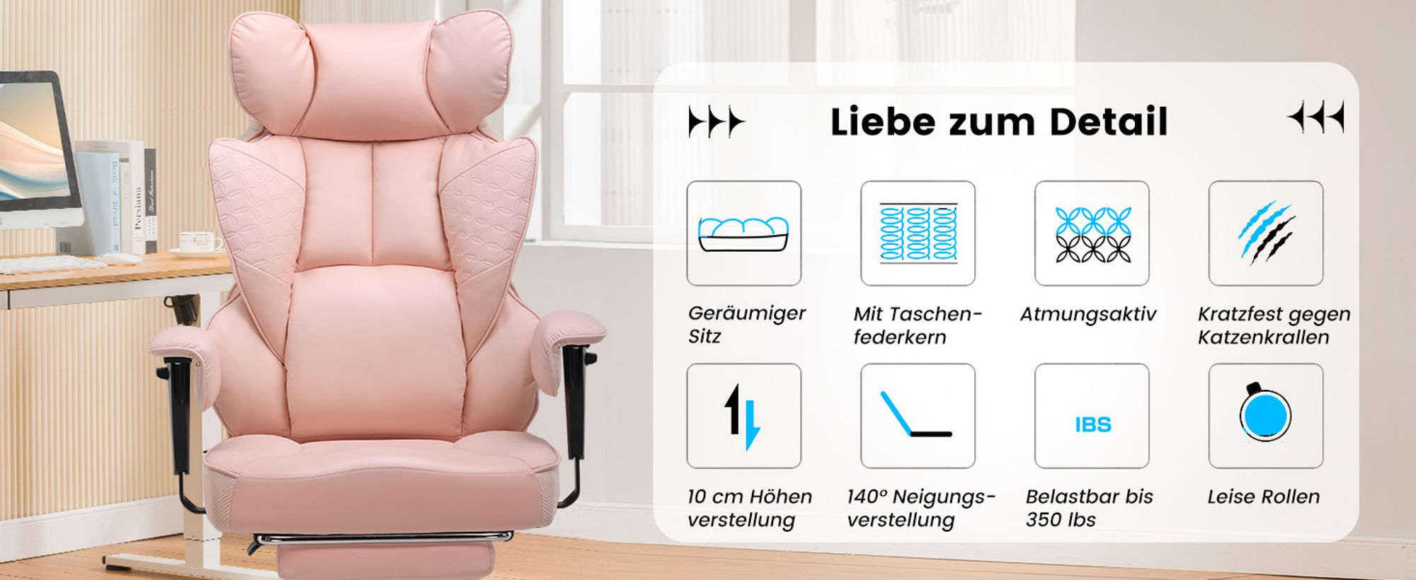 COMHOMA Gaming Stuhl, ergonomischer Bürostuhl, Schreibtischstuhl mit verstellbare Armlehnen, Taschenfederkern-Lendenwirbelstütze 150 kg, rosa
