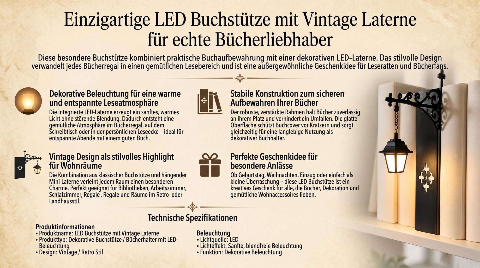 LED Buchstütze mit Vintage Laterne, dekorative Buchstützen für Bücherregal mit warmweißem Licht, Retro Leselampe Geschenk für Bücherliebhaber