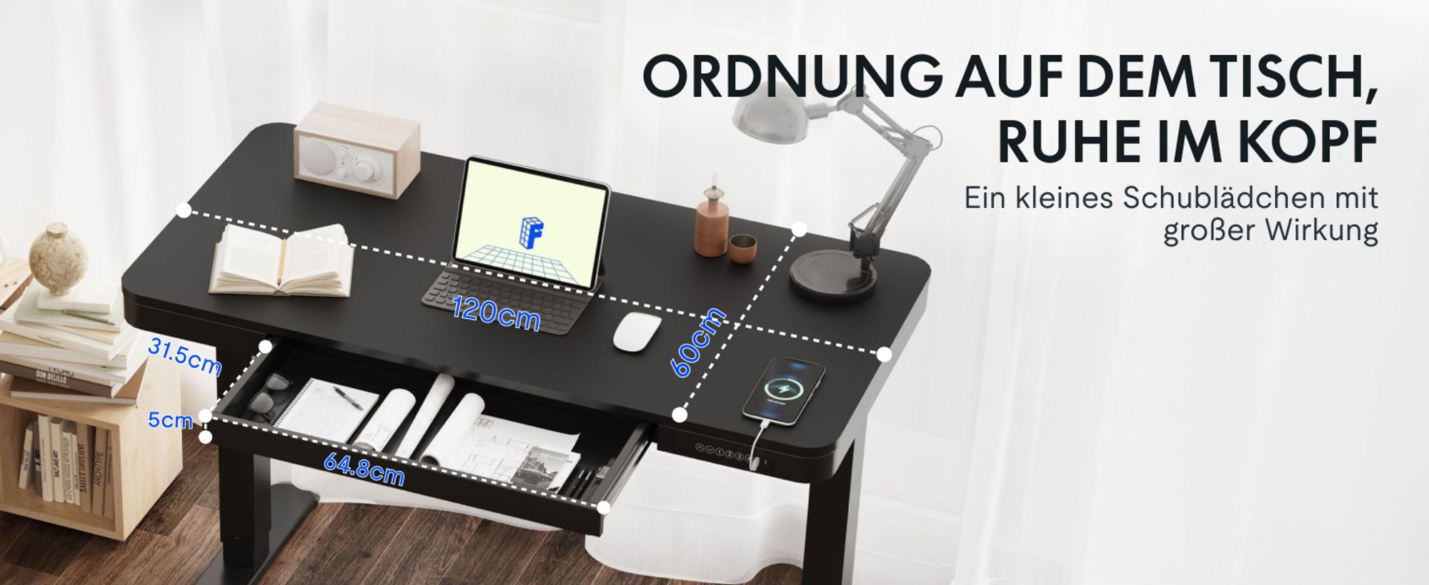 FLEXISPOT Q3 Höhenverstellbarer Schreibtisch Elektrisch mit Schublade, USB A&C, 4 Speicherplätzen, Antikollisionsschutz, LED-Display 120x60cm(Schwarz)