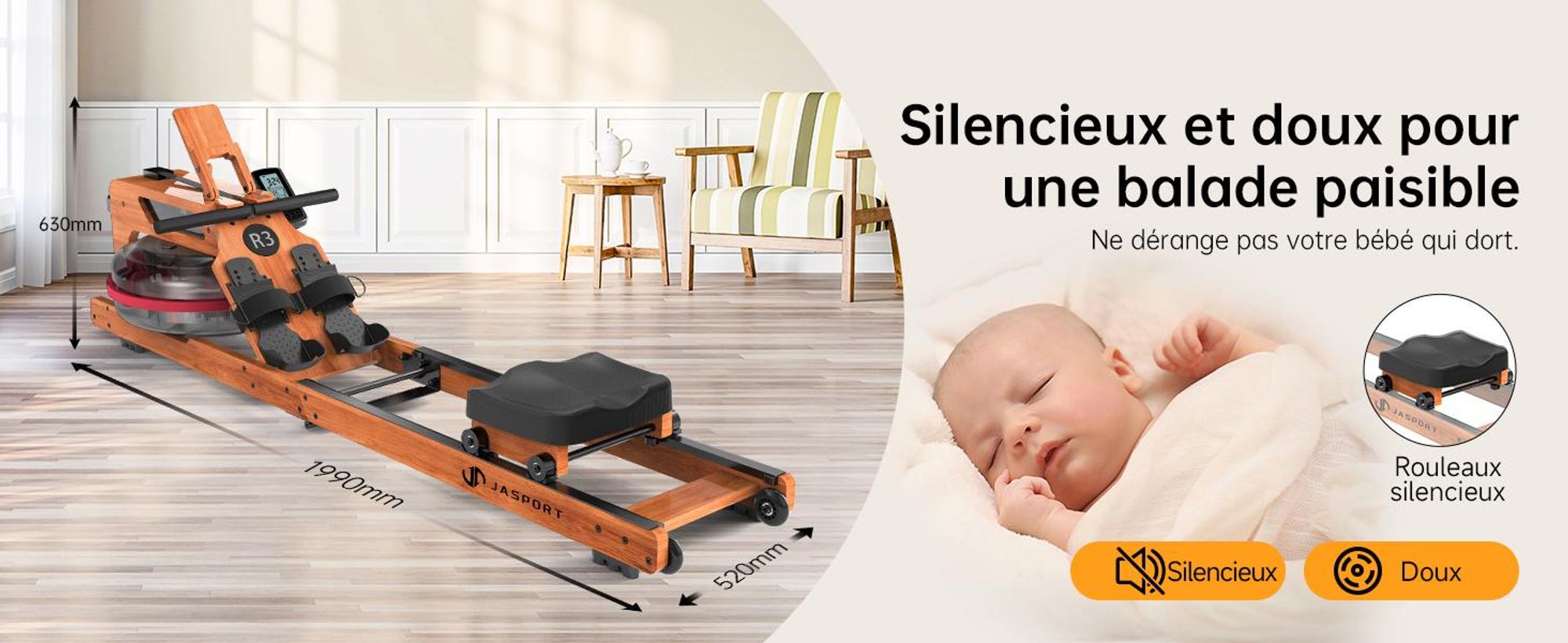 JASPORT R3 rameur à eau pliable en chêne , Bluetooth, écran LCD, Kinomap, réservoir de 28 l, jusqu’à 150 kg – Cherry