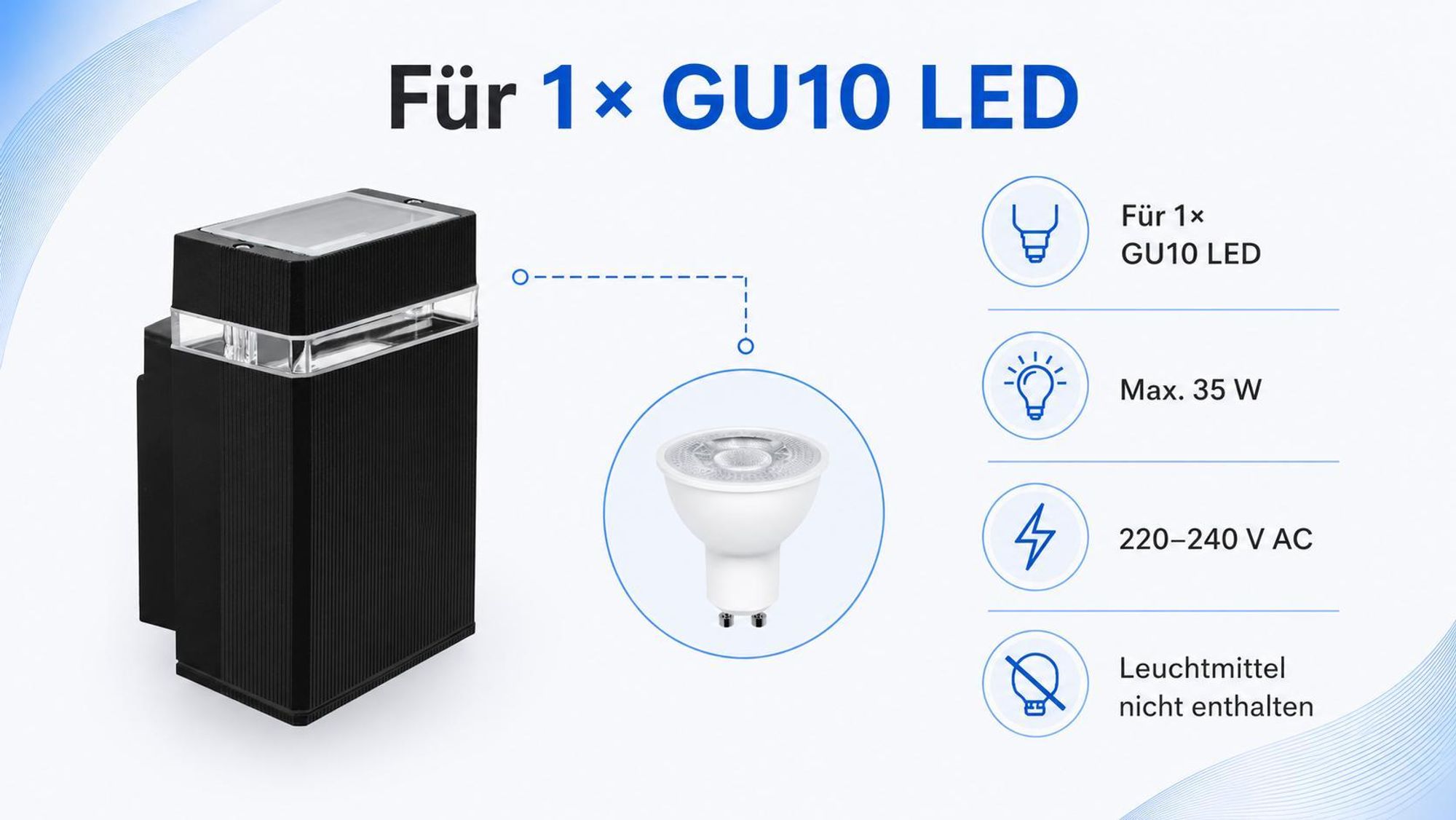 MasterLED Außenwandleuchte Hana GU10 IP65 Schwarz 18 cm hoch für Hauswand 35 W