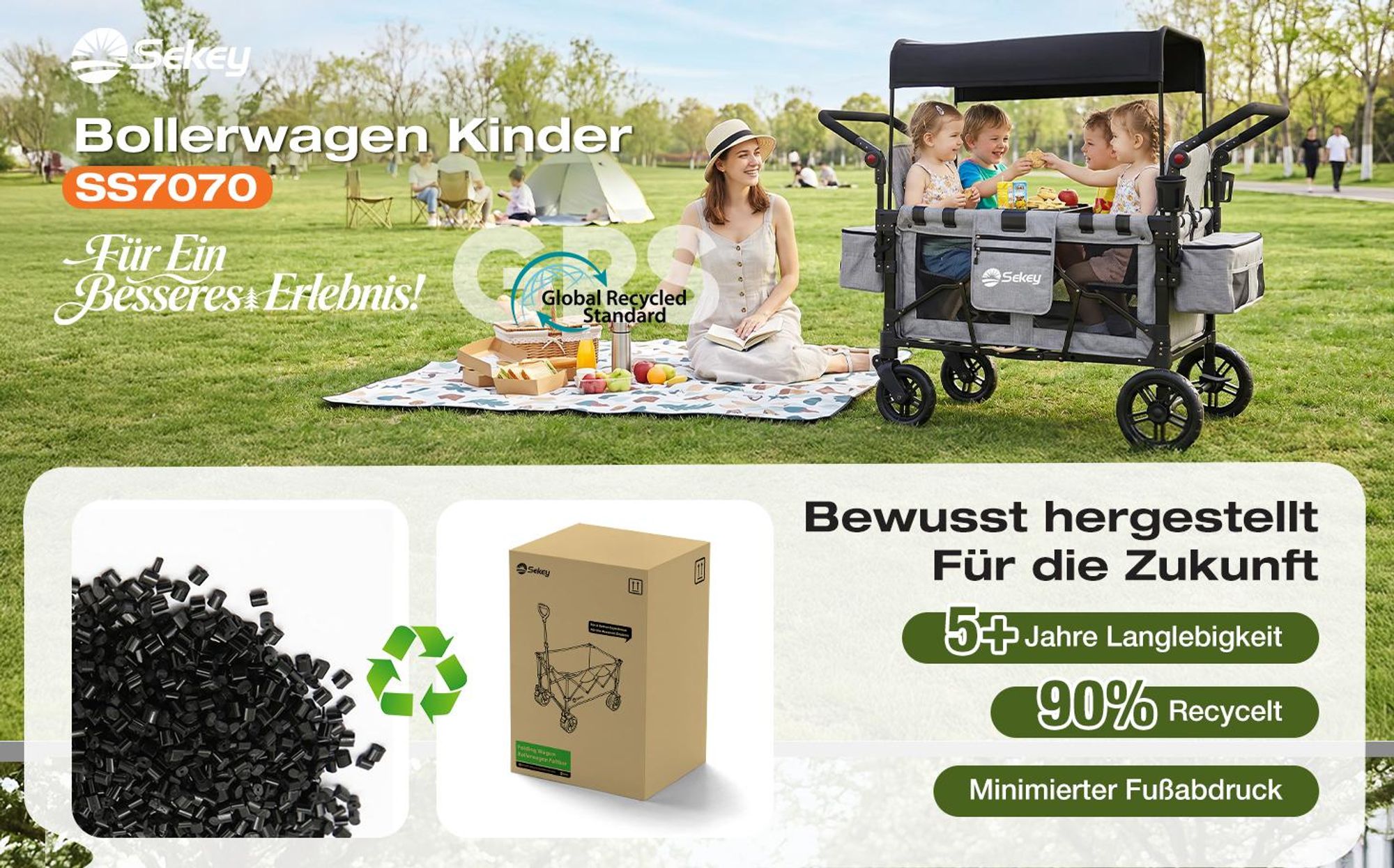 Sekey Faltbarer Bollerwagen mit Dach, Kinderwagen für 2-4 Kinder, 4 Sitzer Zwillingskinderwagen mit 4 integrierten 5-Punkt-Gurtsystem, Grau