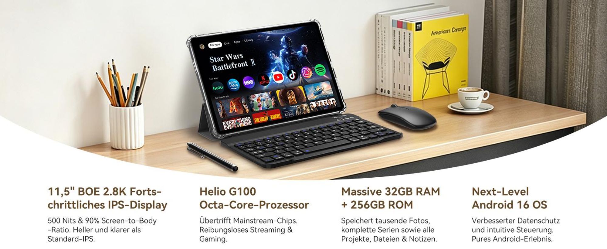 KOBONA T12Pro 11.5" Tablet 2.8K BOE Display, Android 16, Helio G100, 32+256GB, 8000mAh, Dual 4G SIM, Face ID, 13MP, inkl Tastatur,Maus, Stift,Hülle