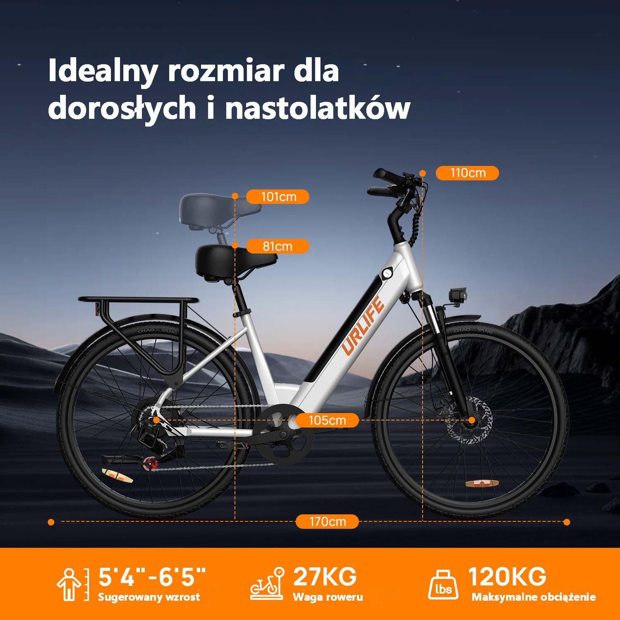 Rower Elektryczny URLIFE E26 - silnik 250 W akumulator 48V10.4Ah opony 26 cali hamulce tarczowe - Czarny