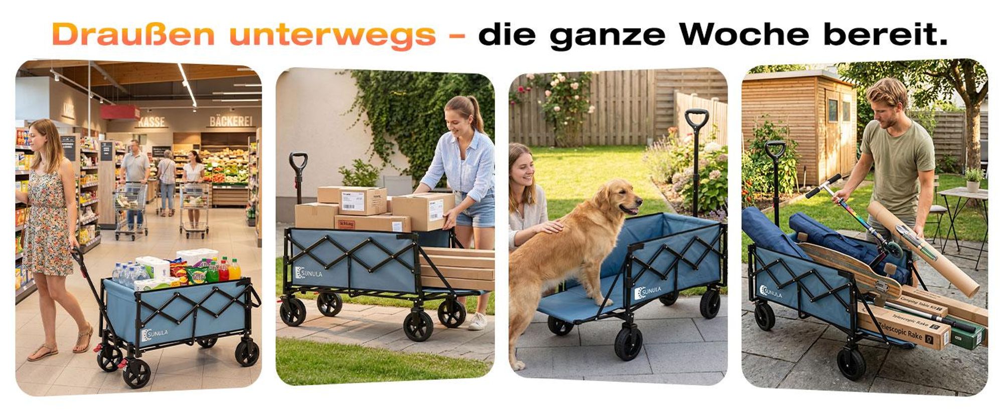 SUNULA Bollerwagen Faltbar mit Erweiterbarer Heckklappe – 80L & 115L Hunde Transportwagen, Blau