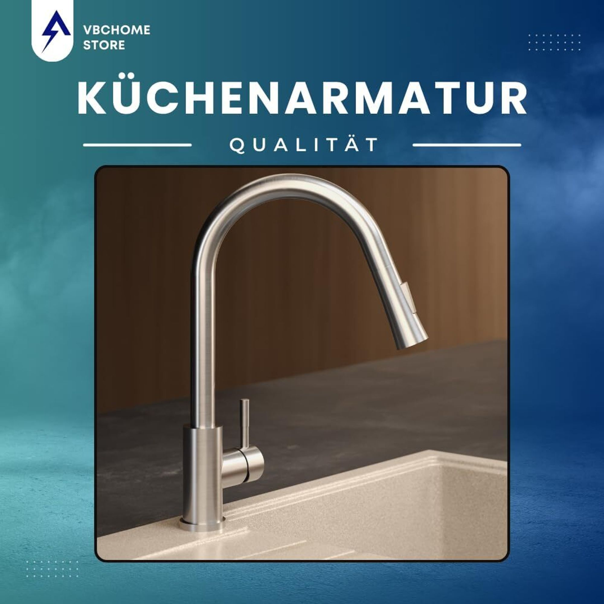 VBChome Küchenarmatur Gebürsteter Edelstahl mit ausziehbarem Auslauf, 360° drehbar, mit Knopf für Strahlarten – moderne Armatur für Spüle