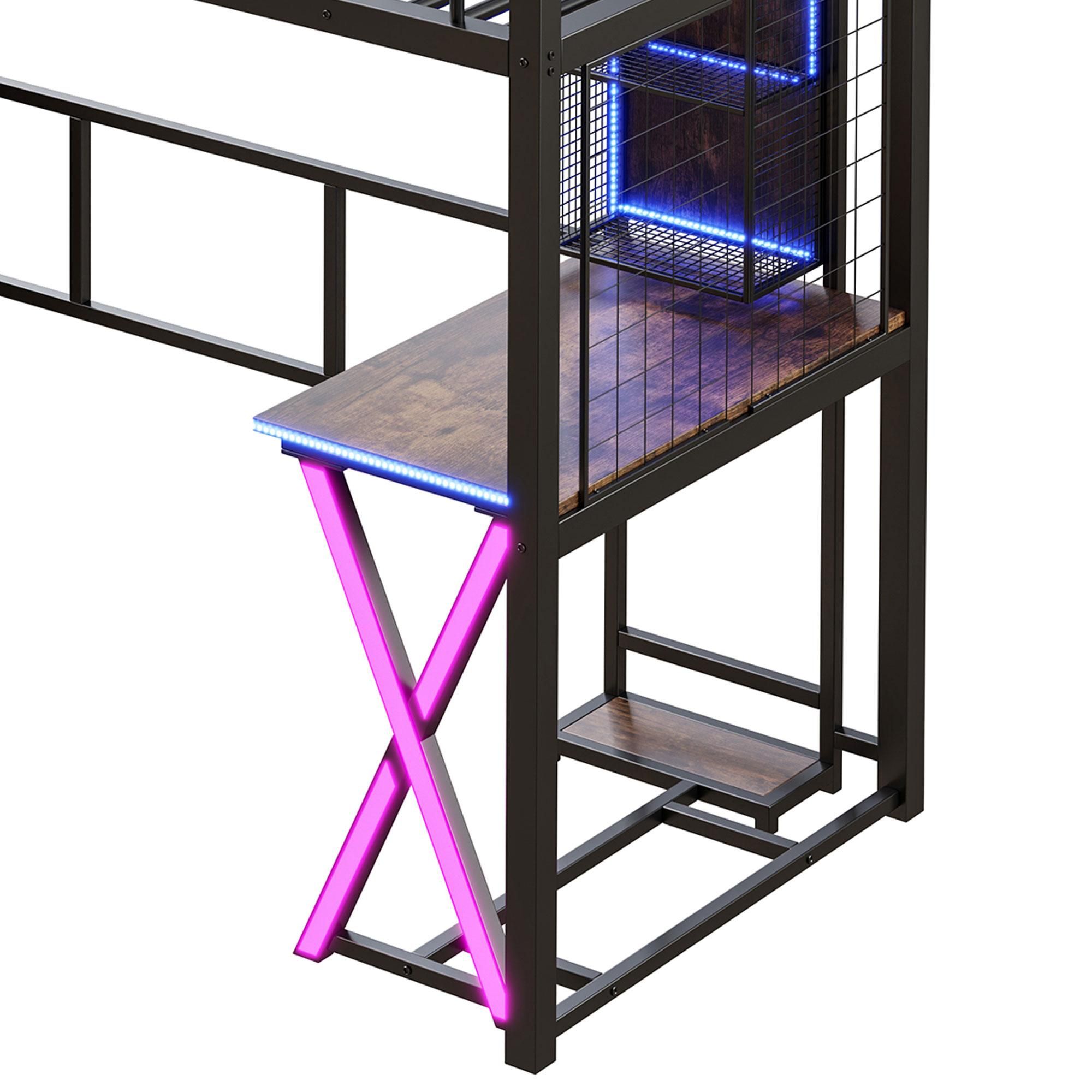 Merax Etagenbett Hochbett 90x200 cm, mit LED, Schreibtisch, Kleiderschrank, Ablageleiter, Regale, Metall Stockbett, Kinderbett, Schwarz