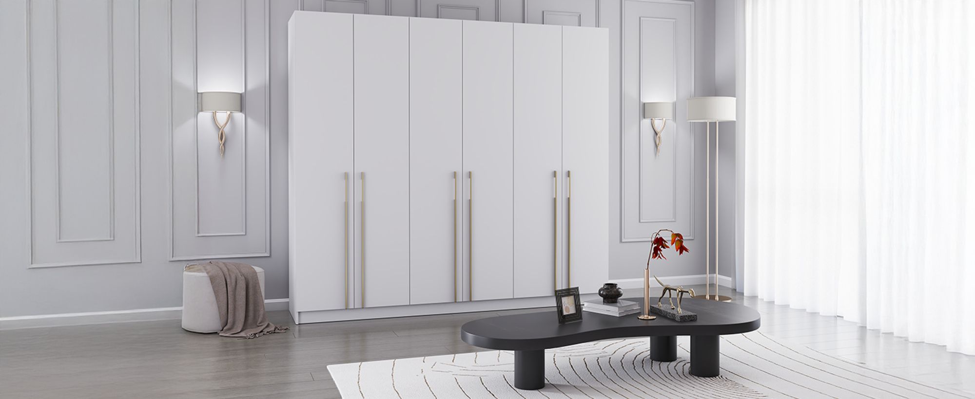 Drehtürenschrank Kleiderschrank Schrank 230 cm Weiß/Weiß sechstürig Rosa 02