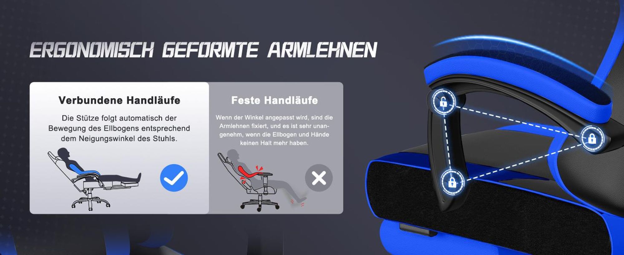 Aiibot Gaming Stuhl, Ergonomischer Gaming Sessel,Schreibtischstuhl,Gamingstuhl mit Fußstütze,Gaming stuhl 150 kg,verstellbare Rückenlehne,Schwarz/Blau