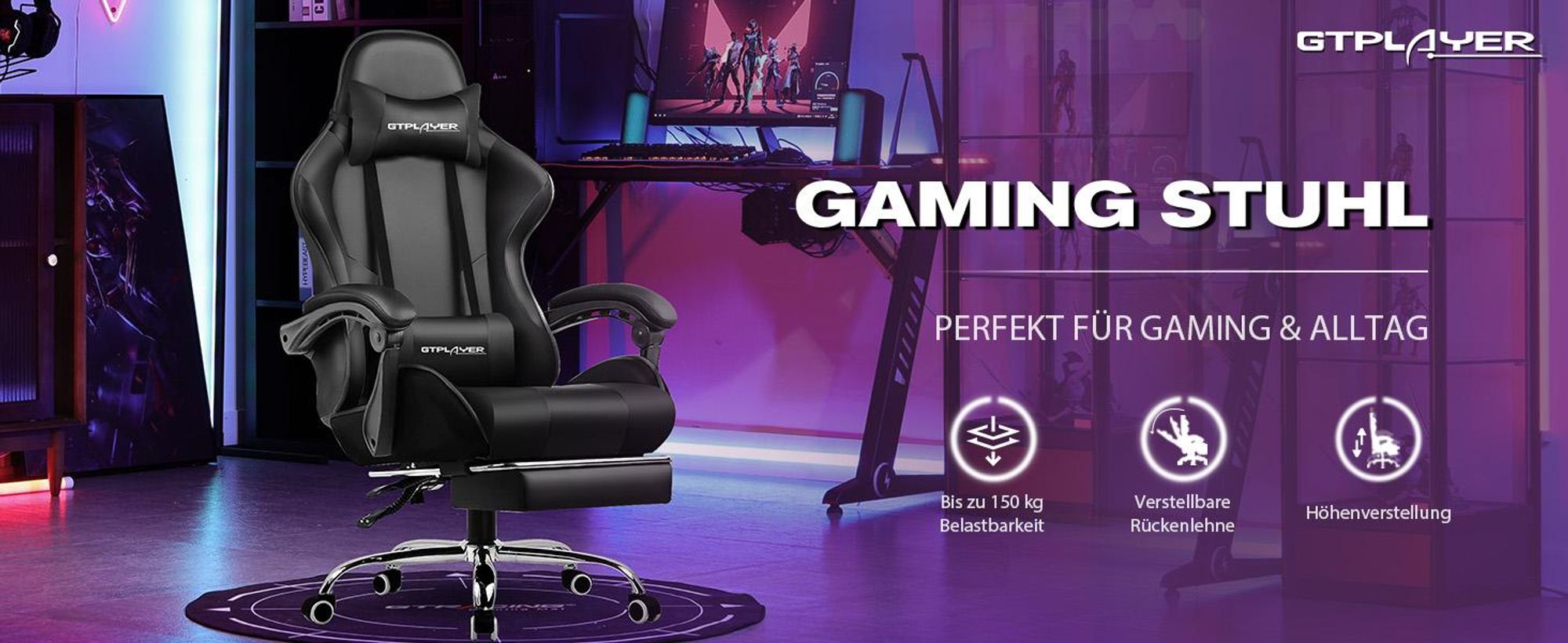 GTPLAYER Fotel biurowy Fotel do gier Fotel do gier z masażem Ergonomiczny fotel do gier z podnóżkiem, zagłówkiem i poduszką lędźwiową do masażu, tapicerowany fotel do gier, fotel obrotowy