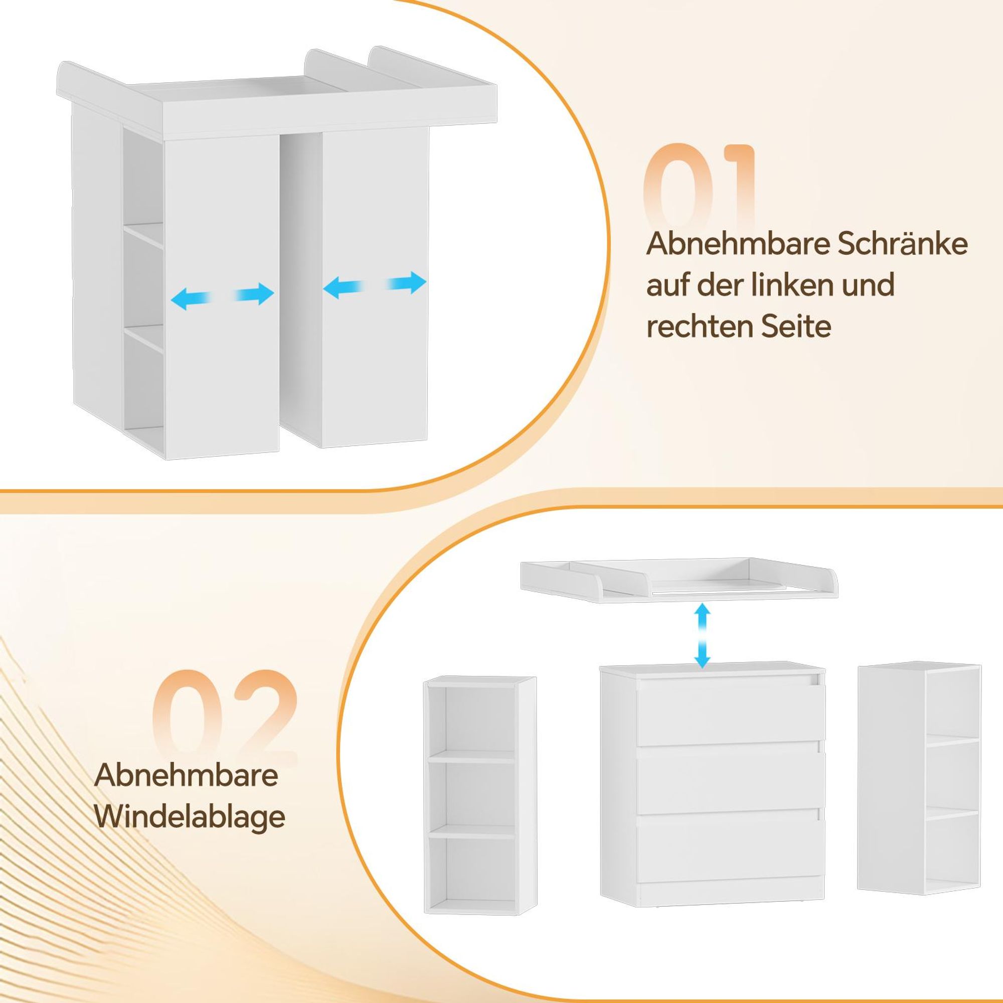 TWSOUL Wickelkommode 2-in-1 Wickelkommode mit abnehmbarem Wickelaufsatz Kommode mit 3 Schubladen & 6 Regalfächern,weiß