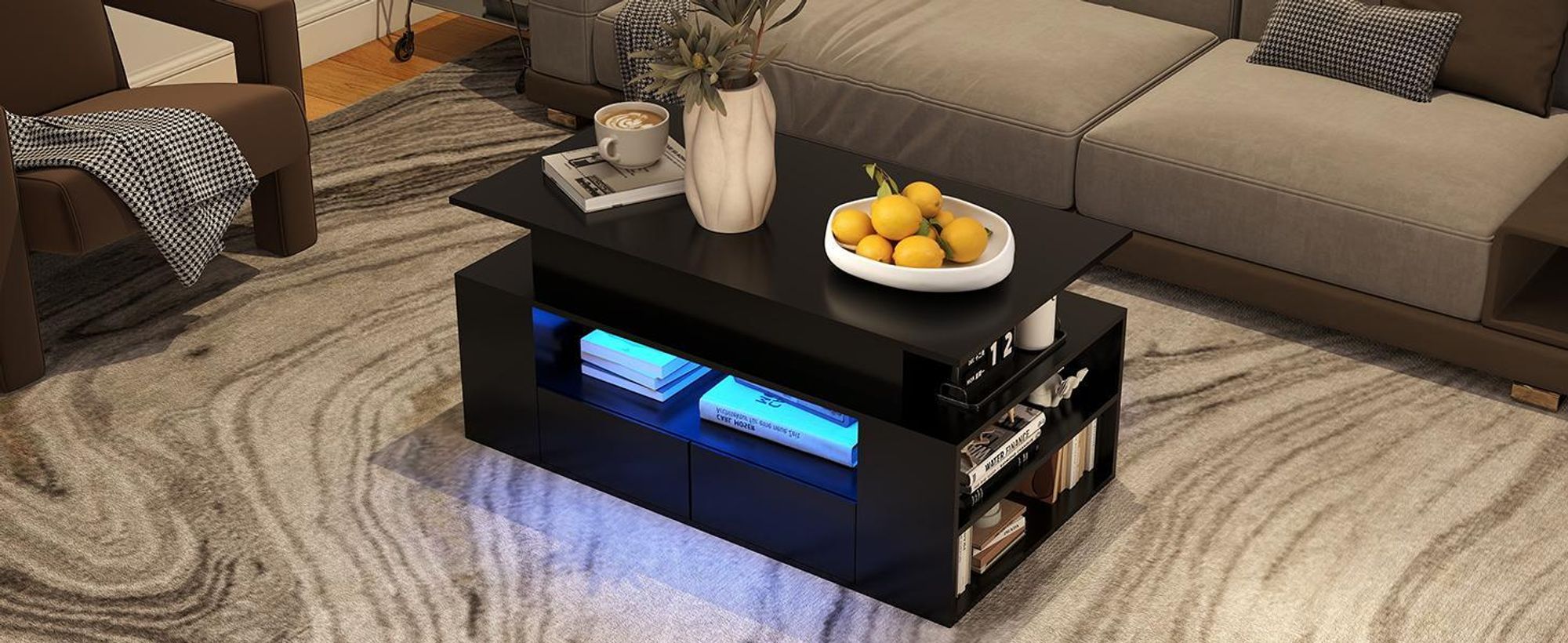Puluomis Couchtisch mit Schublade, Abhebbarer Tischplatte, RGB Lichtleiste mit App Steuerung Kaffeetisch Schreibtisch Sofatisch für Wohnzimmer schwarz