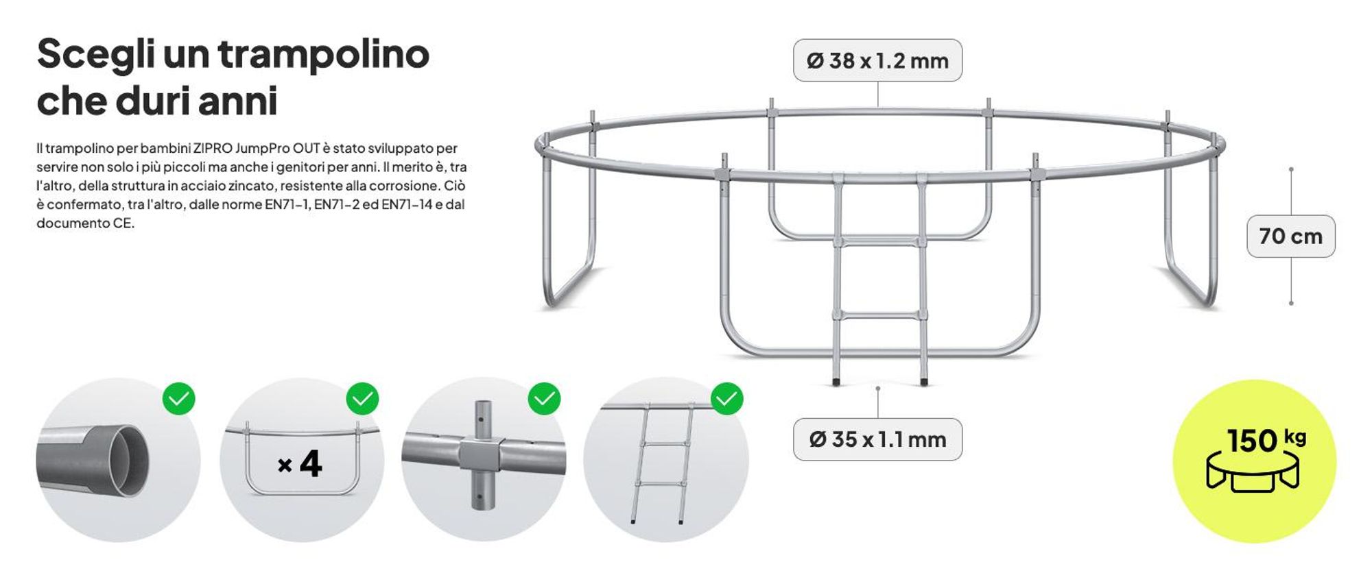 ZIPRO Trampolino Jump Pro Out | 10FT Ø 312 cm | Trampolino da giardino Trampolino per bambini Set completo incl. rete esterna, scaletta e copertura perimetrale, per esterni, verde
