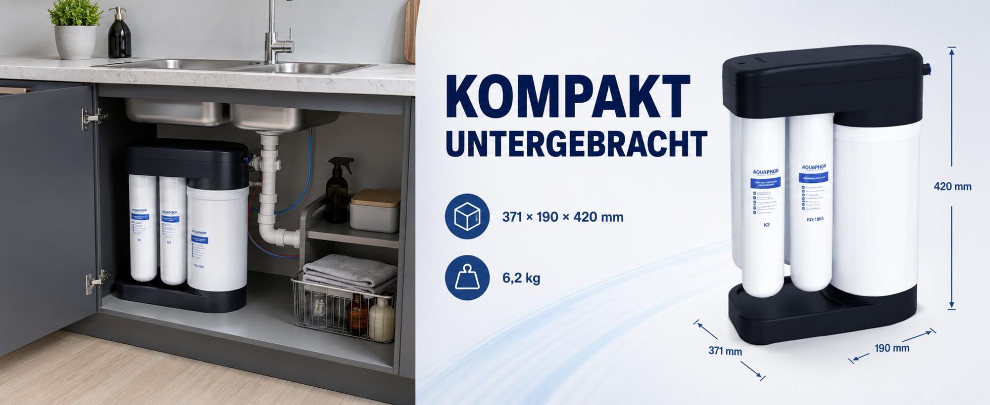 AQUAPHOR RO-102S Umkehrosmoseanlage mit 1 Wege Wasserhahn Trinkwasserfilter Reverse Osmosis System 100 GPD Membran für 380 Liter am Tag