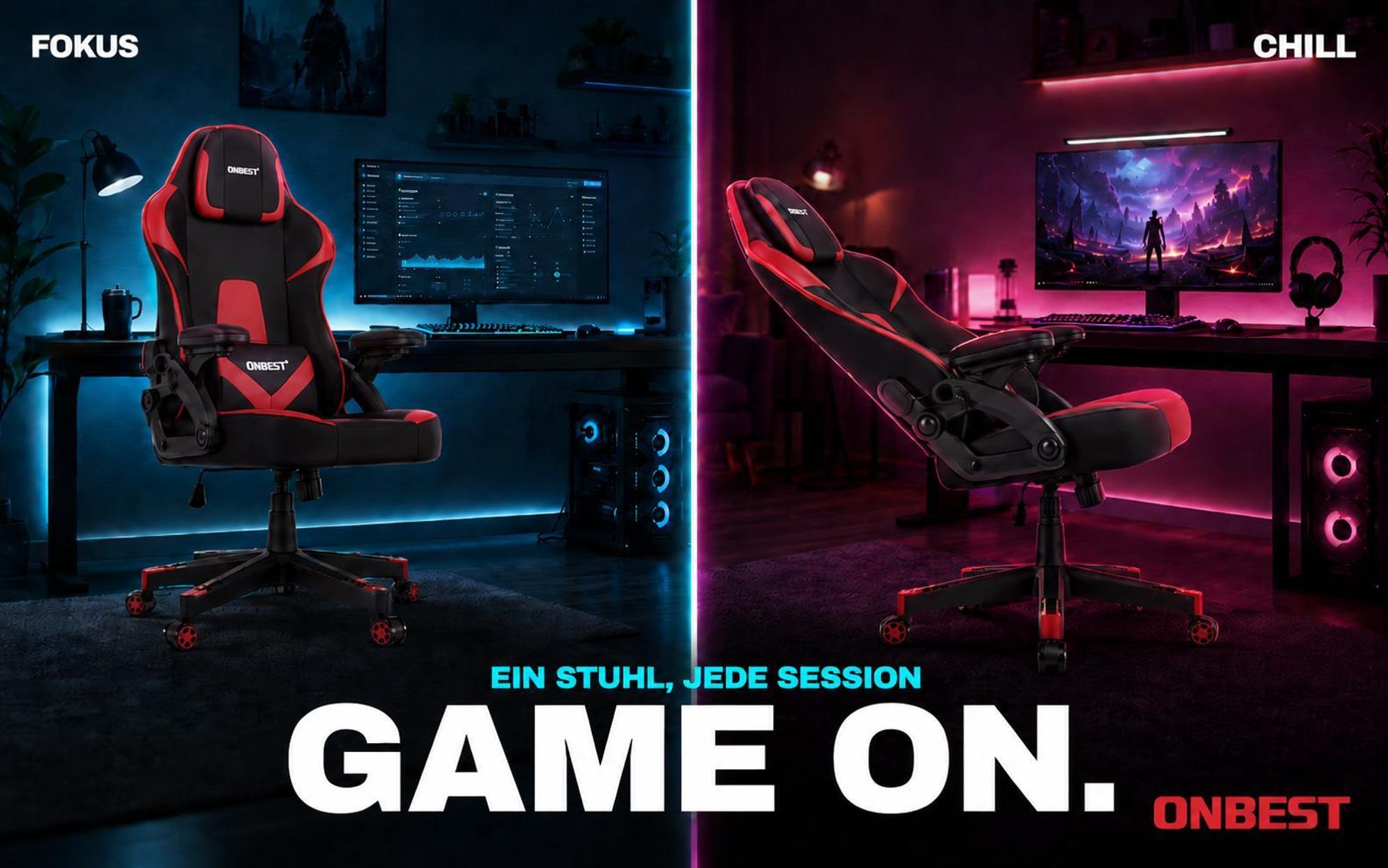 ONBEST Gaming Stuhl | Ergonomisch | mit Lordosenkissen | 150 kg | 360° | verstellbare Armlehnen Kopfstütze Rückenlehne