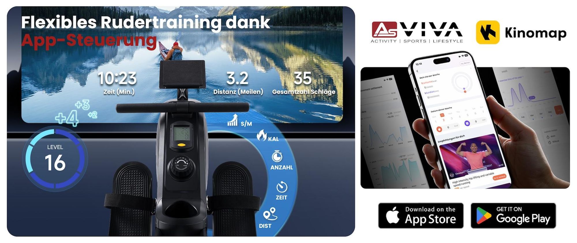 AsVIVA RA11 Rudergerät Heimtrainer, Generatorbetrieb ohne Stromanschluss, Bluetooth-App & Pulsmessung, 6,5 % Schienenneigung, platzsparend, bis 135 kg