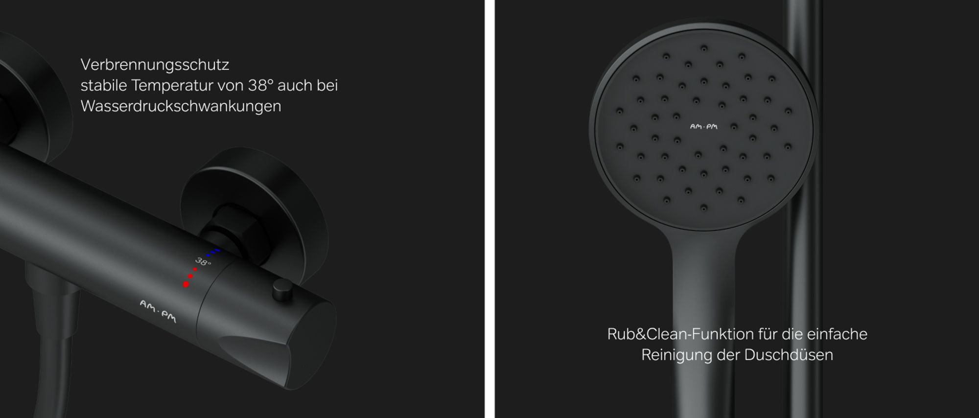 Schwarz Set für Dusche AM.PM: Brausethermostat& Duschset (Handbrause&Stange)|Brauseset: Handbrause, Duschstange und Thermostat|Duschset und Duschthermostat, rund|Duscharmatur mit Thermostat für Badezimmer und Brauseset|F428TA46,matt