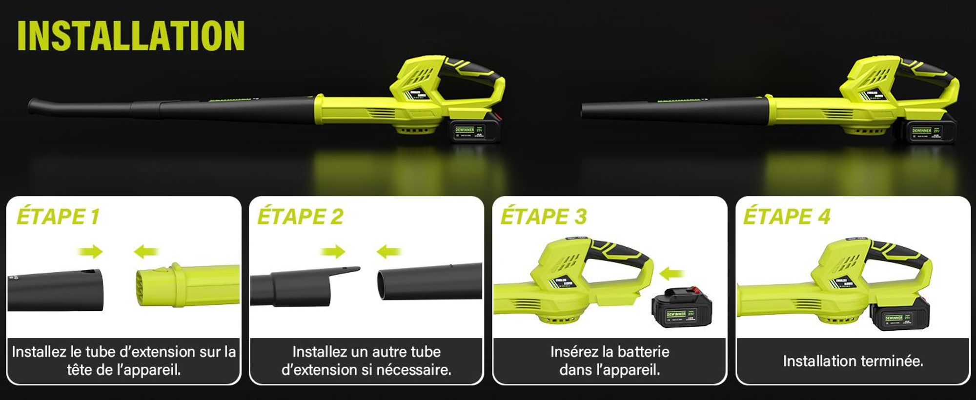 DEWINNER Souffleur de Feuilles sans Fil, 2 Batteries 4.0Ah, 210 km/h, 6 Vitesses Réglables, 2 Tubes Démontables, Kit Complet, Professionnel Jardin