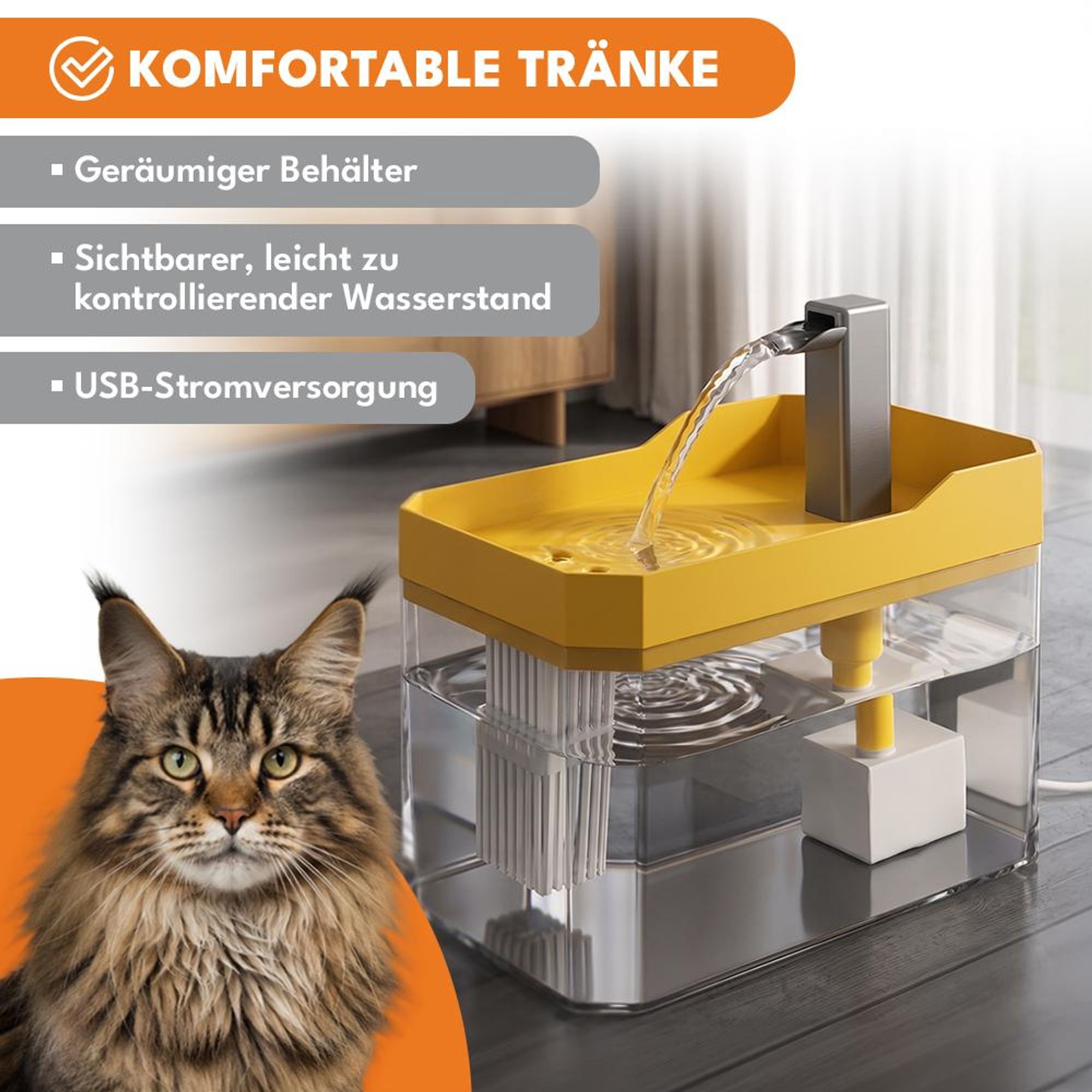 KRUMAD Katzenbrunnen 1,5L, Trinkbrunnen für Katzen, Wasserbrunnen, Haustier-Trinkstation, USB, Kunststoff, transparent/gelb, 16,5 x 11,5 x 12 cm