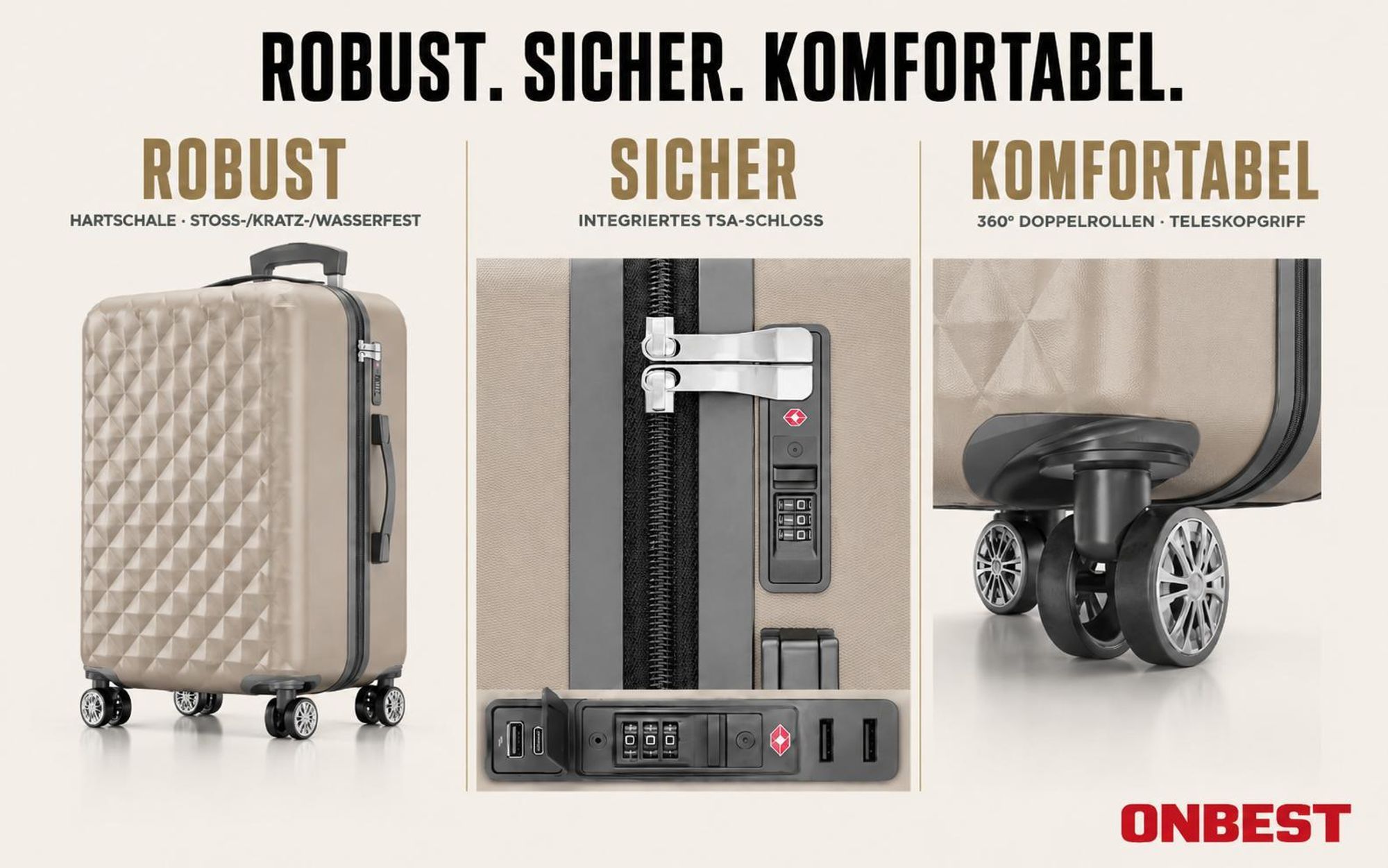 ONBEST Hartschalen Koffer Set | 4-teilig | Champagner | mit TSA-Schloss | USB-Anschluss | viel Zubehör | 360° Doppelrollen