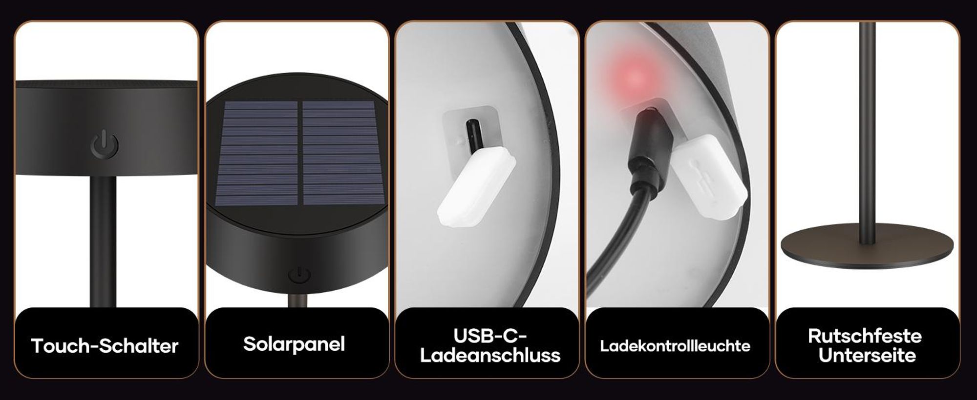LED Tischlampe Solar Wiederaufladbar Kabellos Tischleuchte 3 Farbtemperaturen Dimmbar Touch Schalter Wasserdicht für Innen Aussen, Schwarz