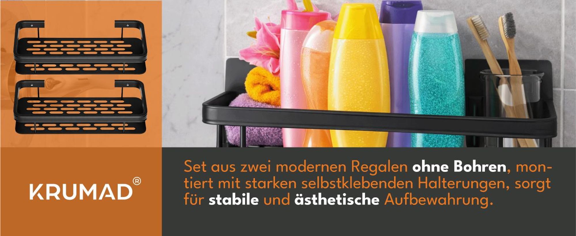 KRUMAD Duschablage ohne Bohren 2er Set – Selbstklebendes Duschregal zur Wandmontage, Badezimmer Organizer für Shampoo & Duschzubehör