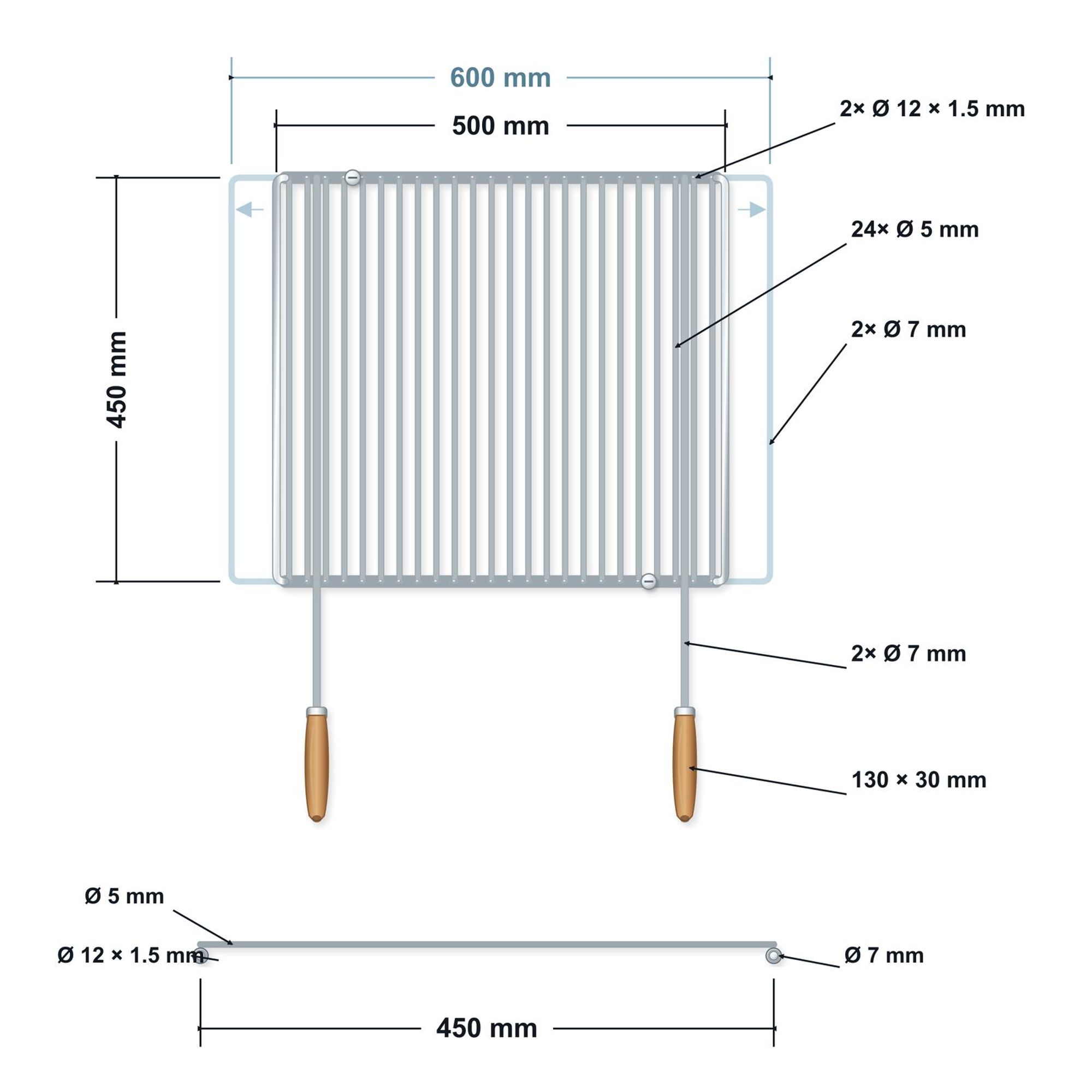 Griglia regolabile in acciaio inox 50–60 × 45 cm con manici in legno – disegno tecnico