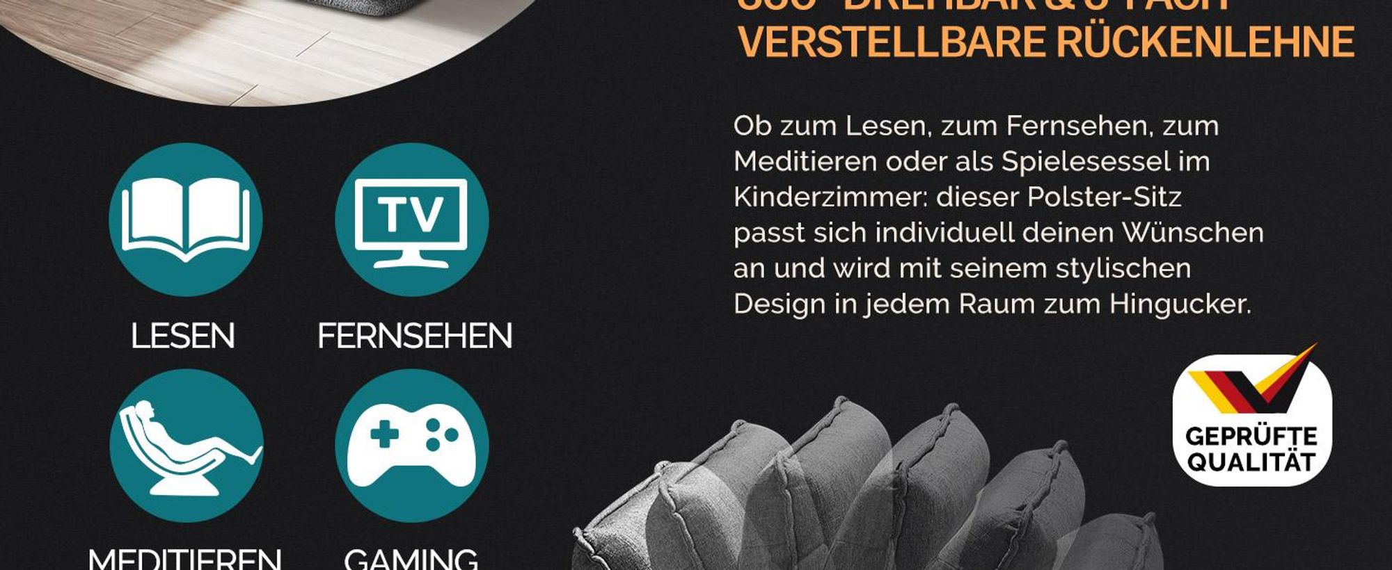 CASARIA® Sessel verstellbare Rückenlehne 360° Drehbar Klappbar 150kg Belastbarkeit 60x105x87cm Gepolstert Wohnzimmer Gaming Relax Boden Lounge Sessel Grau
