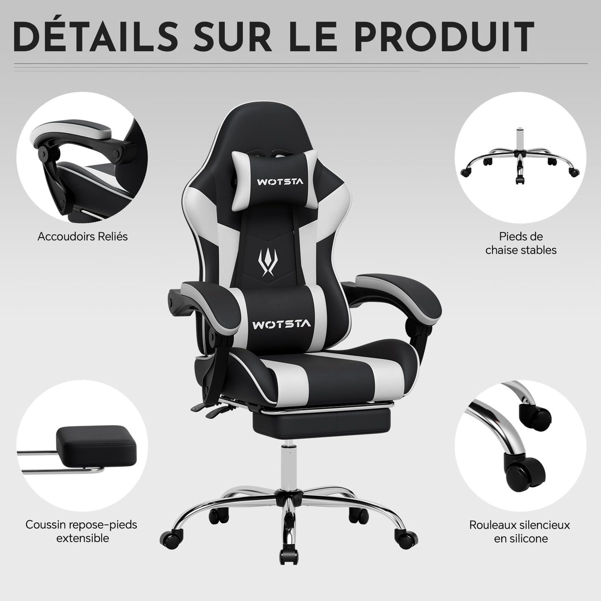 Gaming‑Stuhl Produktdetails: Armlehnen, Fußstütze, Stuhlfuß und Rollen