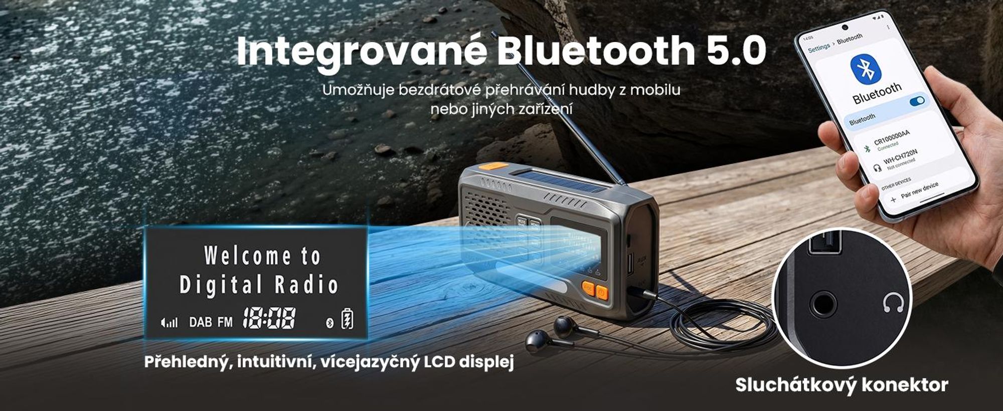 Přenosné rádio Extralink s digitálním rádiem DAB/FM, solární nabídkou, dynamo, baterií 4500 mAh, Bluetooth a funkcí SOS